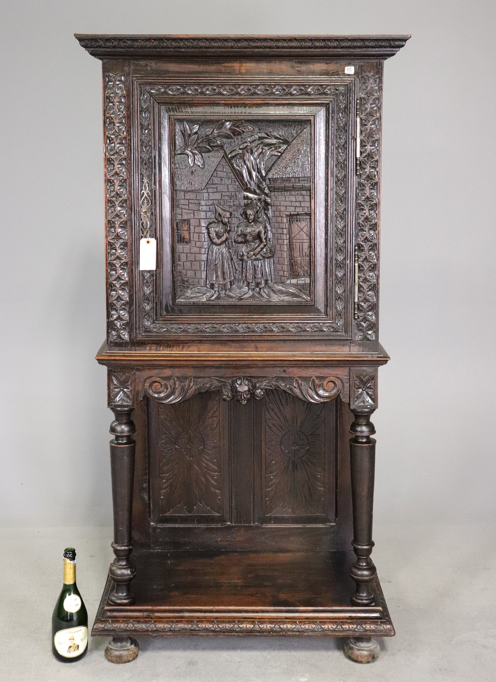French Breton Style Carved Oak Cabinet: French Breton Style Carved Oak Cabinet - 65 in tall x 32 x 17