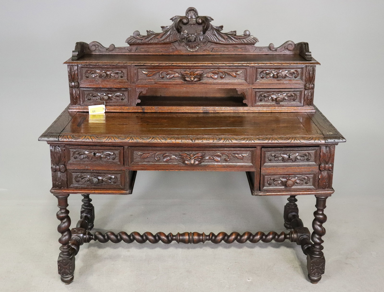 Louis XIII Style Carved Oak French Twist Desk: Louis XIII Style Carved Oak French Twist Desk - 48.5 in tall x 51 x 26, kneehole is 22.5 in tall x 21.5 wide