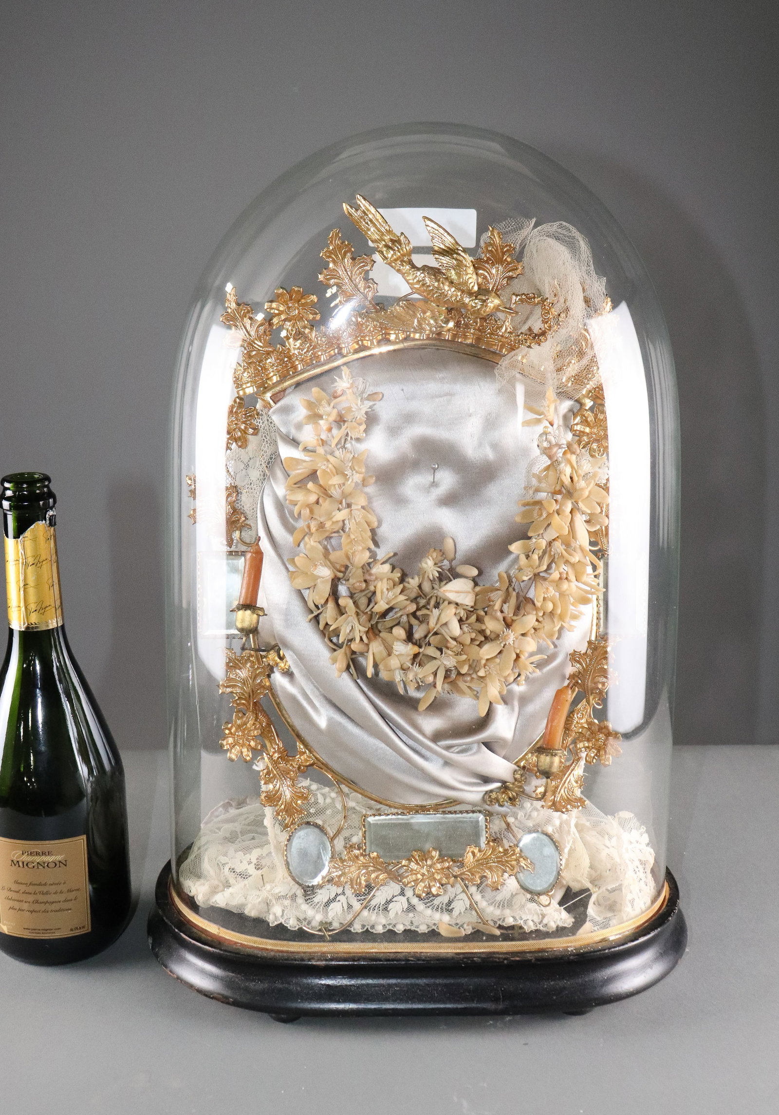 French Glass Marriage Dome with Wood Base #1: French Glass Marriage Dome with Wood Base - 19.5 in tall x 13 x 8.5
