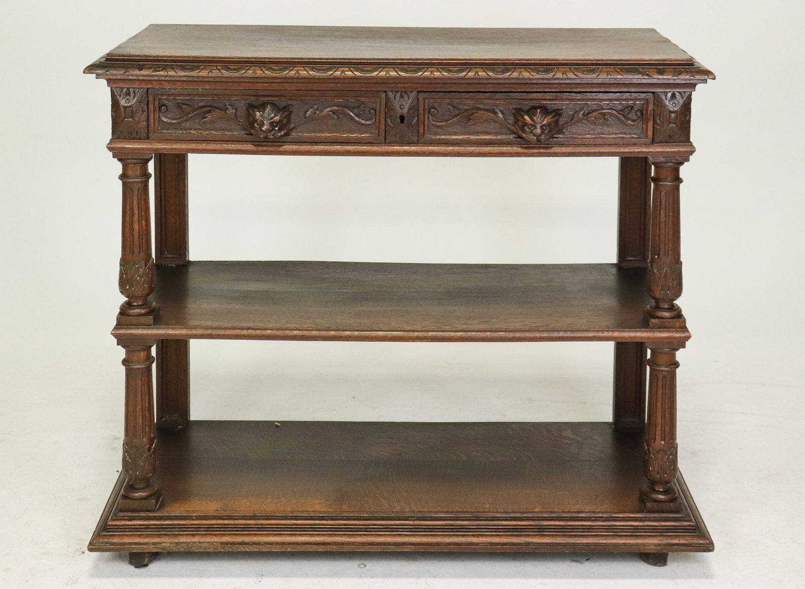Louis XIII Style Carved Oak Server: French Louis XIII Style Carved Oak Server - 39 in tall x 45 x 17.5