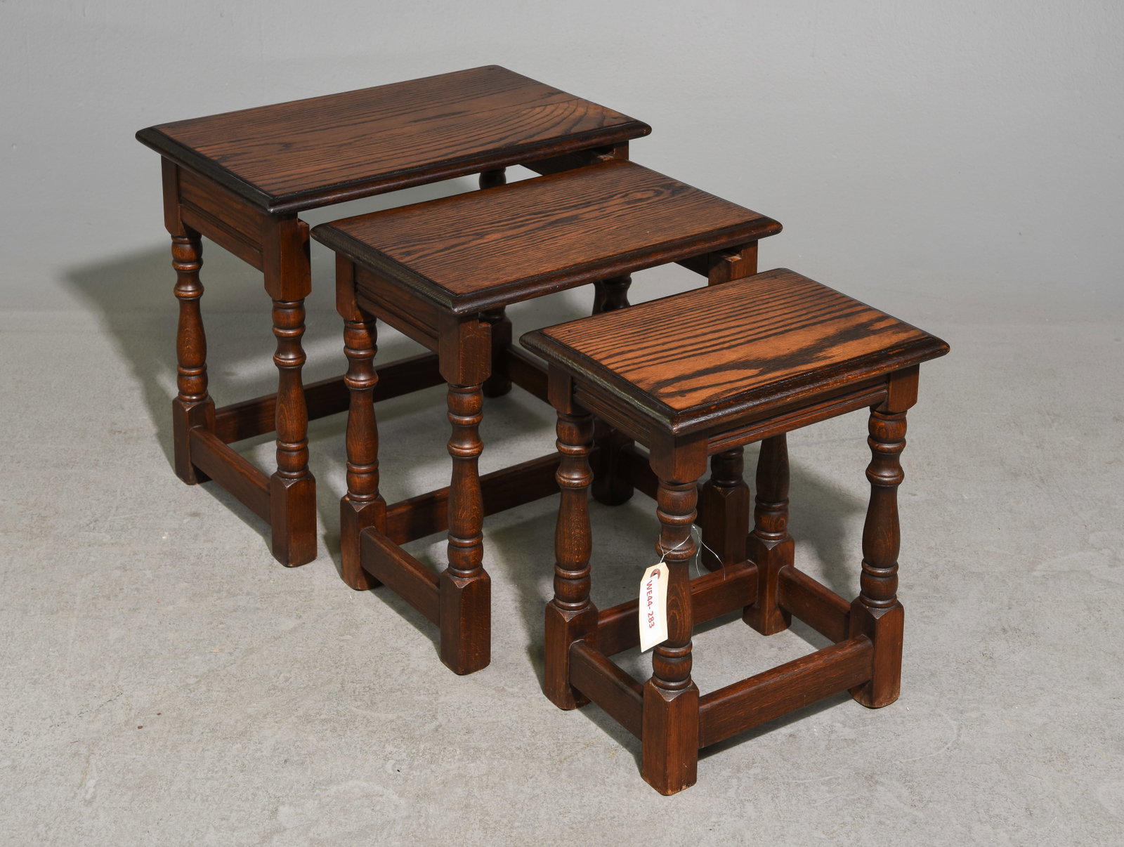 British Oak Nest of Three Tables: British Oak Nest of Three Tables - 19 in tall x 22 x 14, 17.5 in tall x 18 x 12 and 16 in tall x 14 x 10