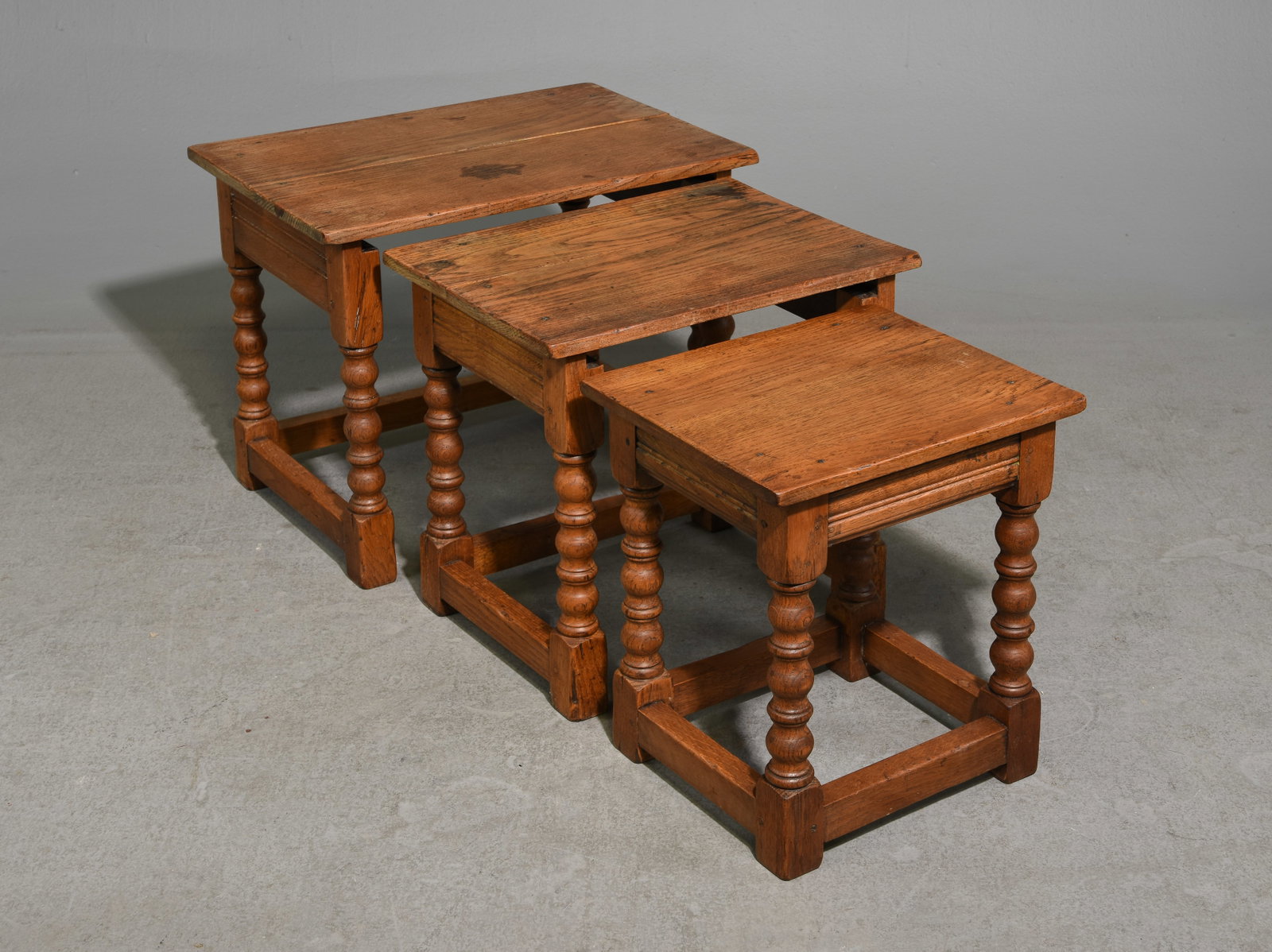Oak Nest of Three Tables: Oak Nest of Three Tables - 18.5 in tall x 22.5 x 16, 17.5 in tall x 18.75 x 13.75 and 16.5 in tall x 14.25 x 12