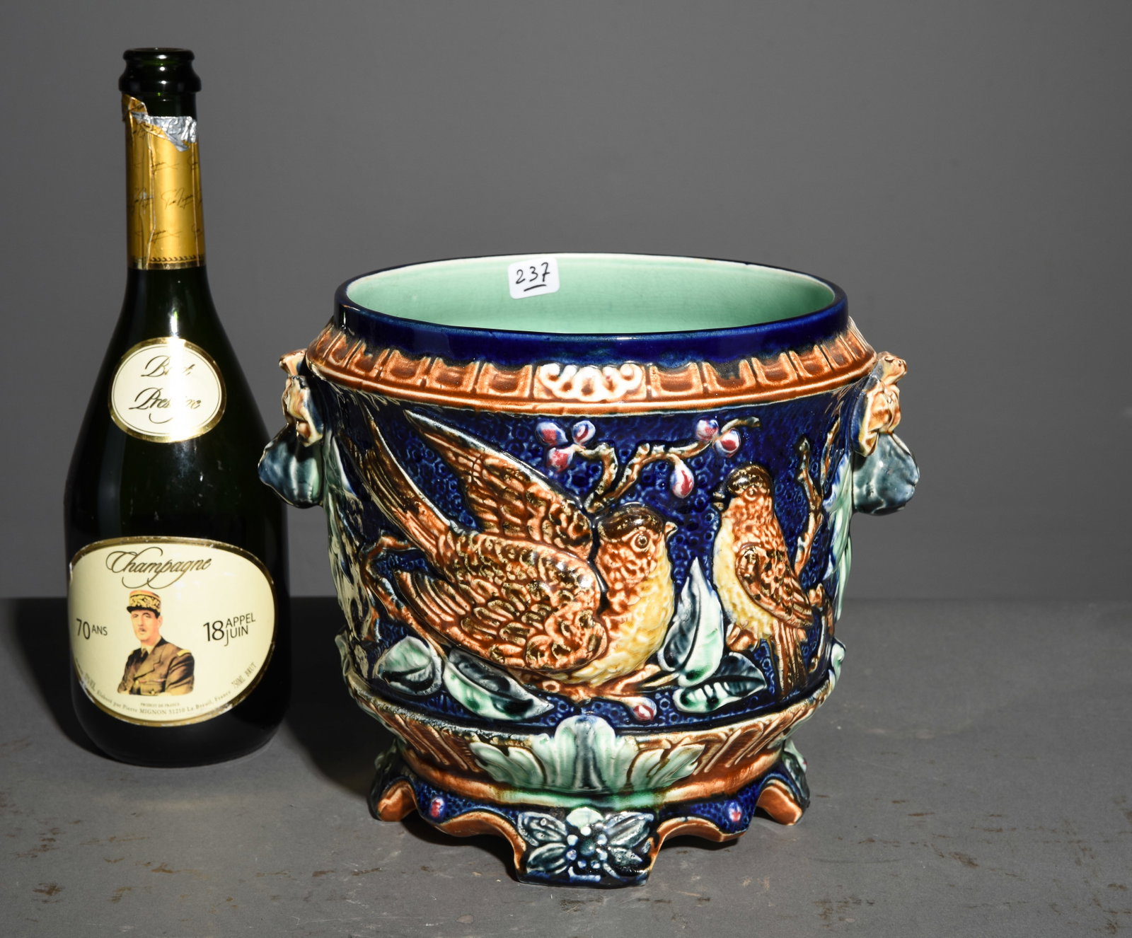 Wasmuel Majolica Planter / Jardiniere: French Wasmuel Majolica Planter / Jardiniere - 9 in tall x 10.5 x 9