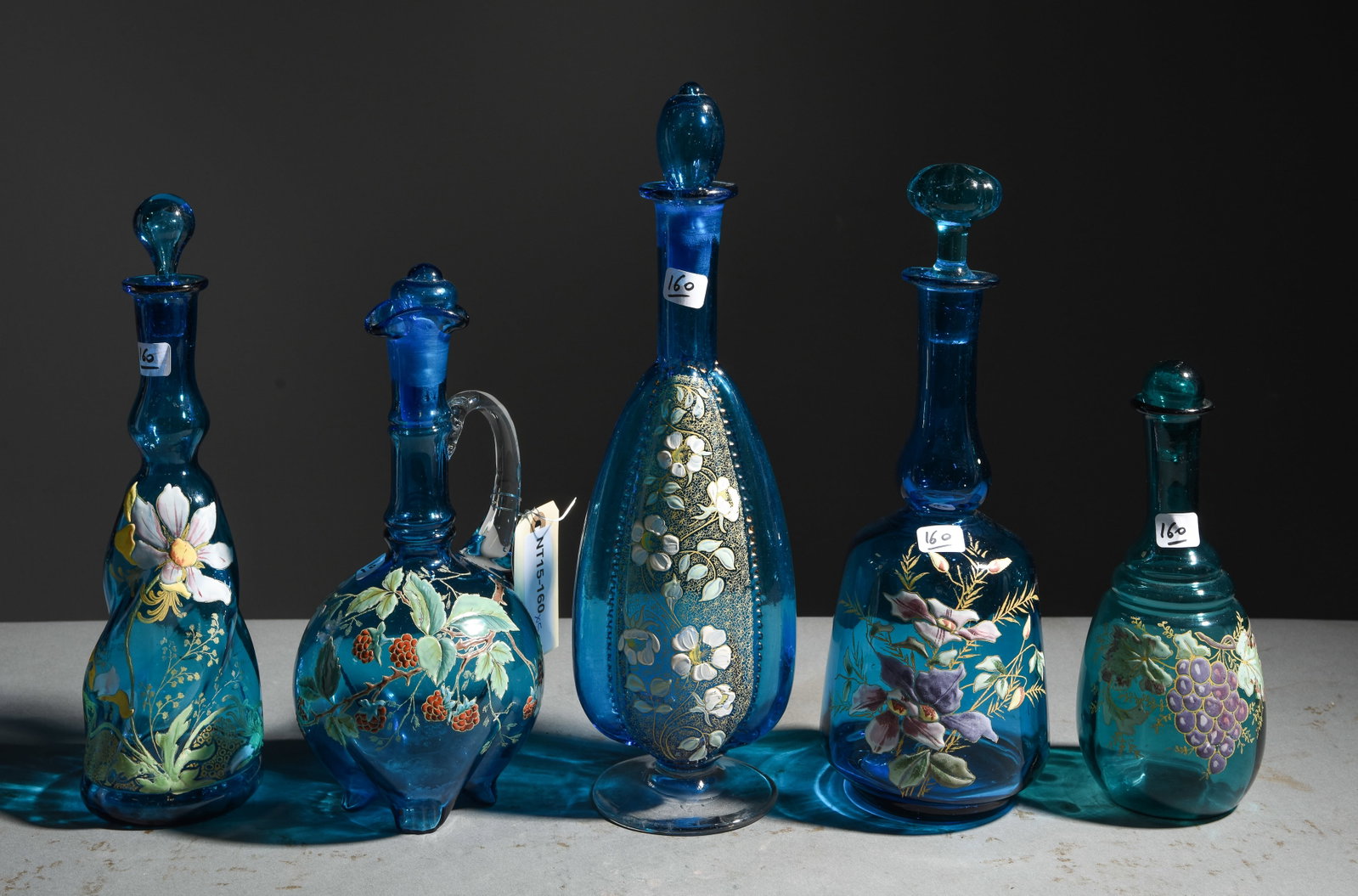 5 Assorted Blue Glass Legras Enameled Decanters: 5 Assorted Blue Glass Legras Enameled Bottles / Decanters - Tallest is 14 in tall x 4.5 x 3.5