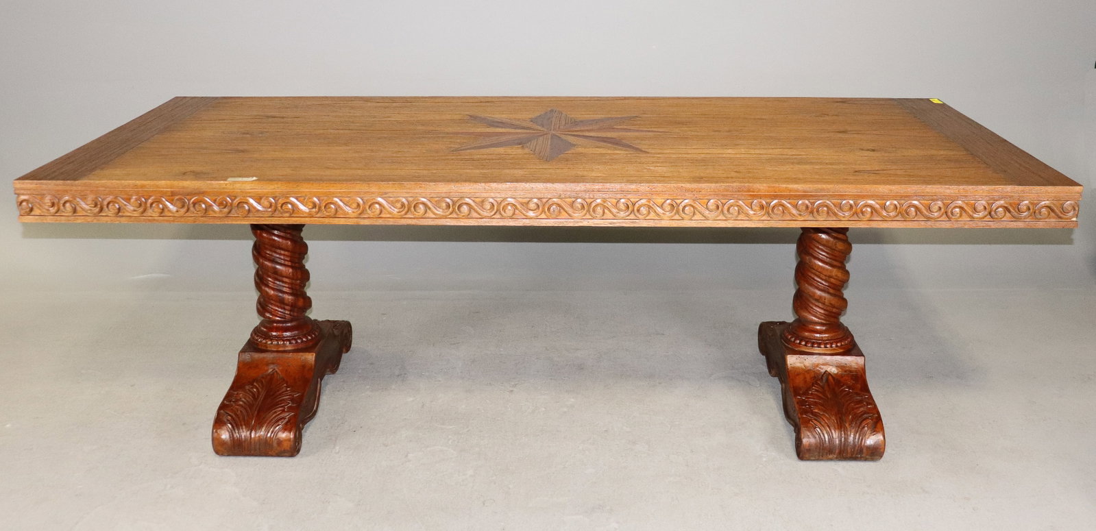 Carved Wood Double Twisted Pedestal Dining Table with Star Inlay (1 of 5)