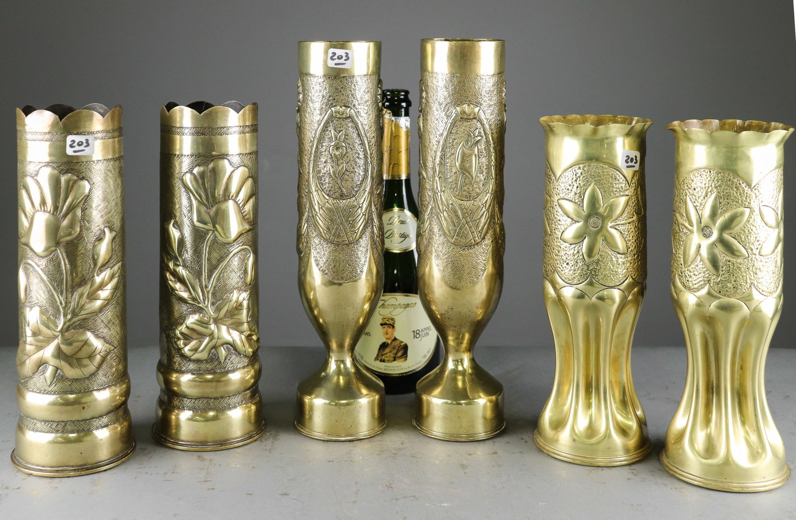 Collection of 6 Antique Brass Trench Art Shell Vases (1 of 6)