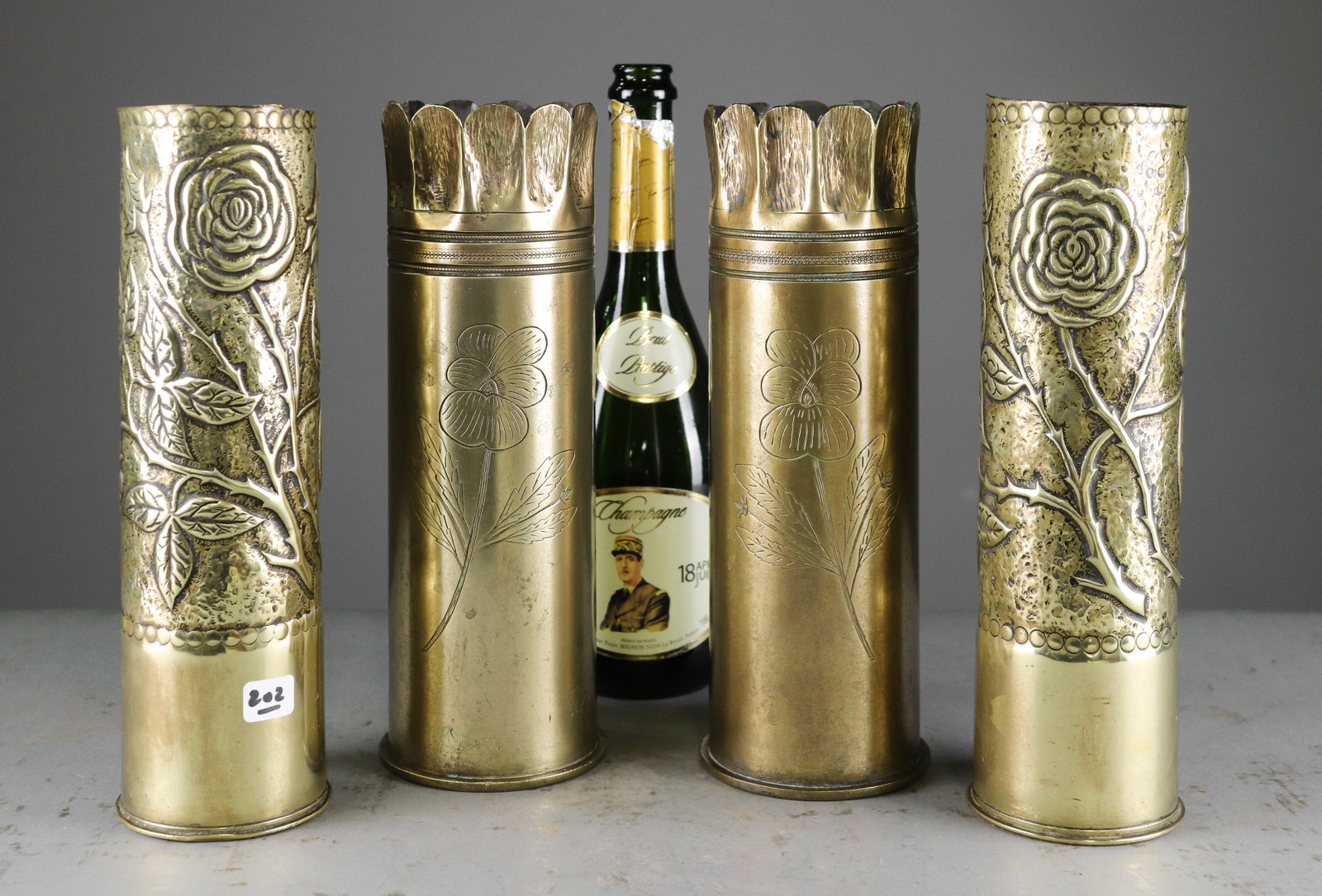 Set of 4 Antique Brass Trench Art Shell Vases (1 of 6)