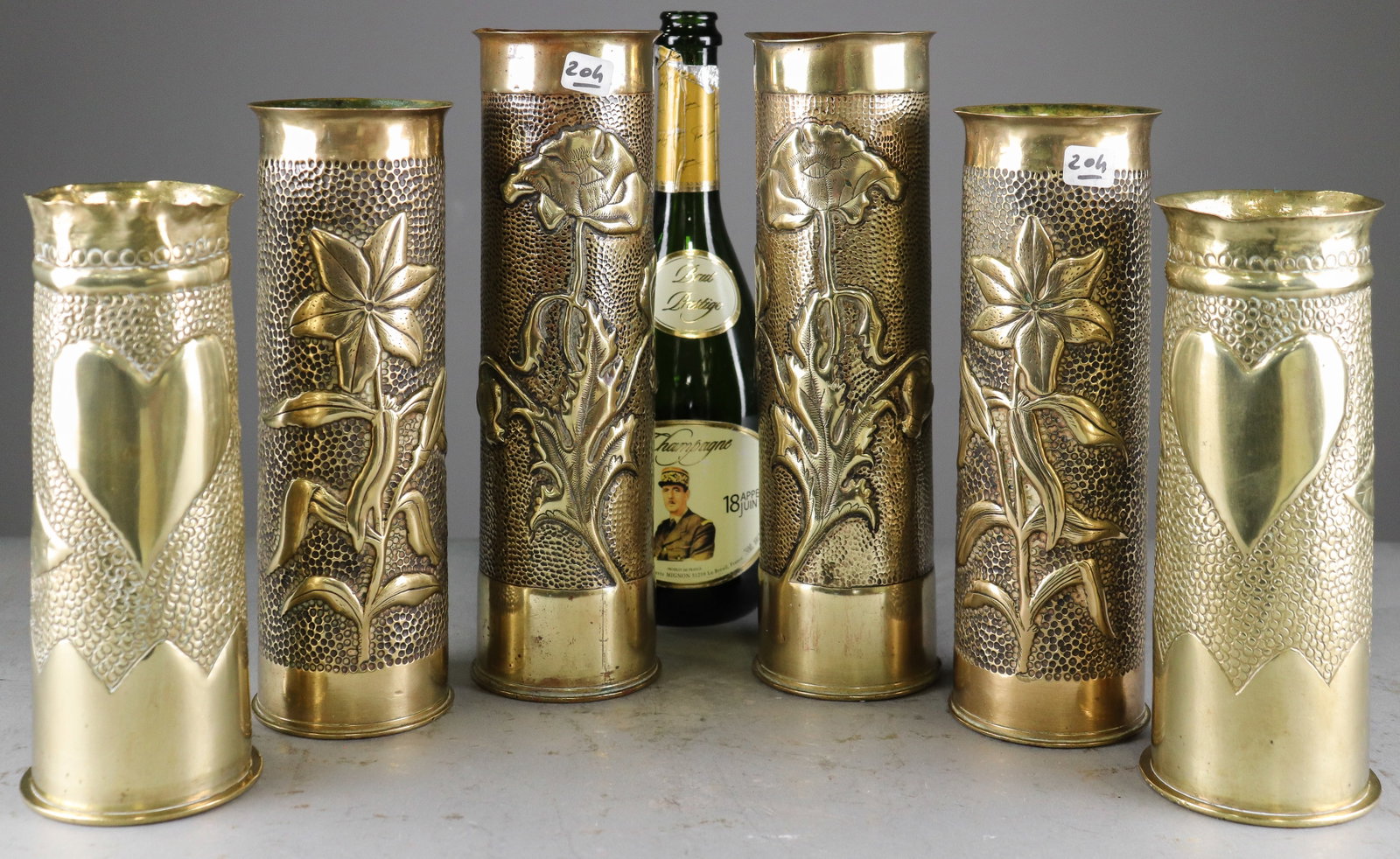 Collection of 6 Antique Brass Trench Art Shell Vases (1 of 5)