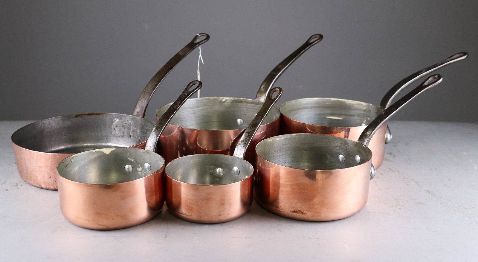 Set of 6 French Copper Saucepans with Iron Handles (1 of 3)