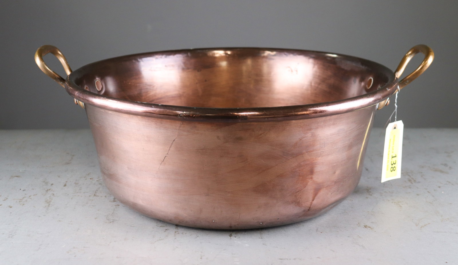Large French Copper Jam & Preserve Pan: Large French copper jam and preserve pan with wide circular body, rolled rim and riveted brass side handles. Traditional French bassine a confiture form with attractive aged copper patina. 20.25 in ta