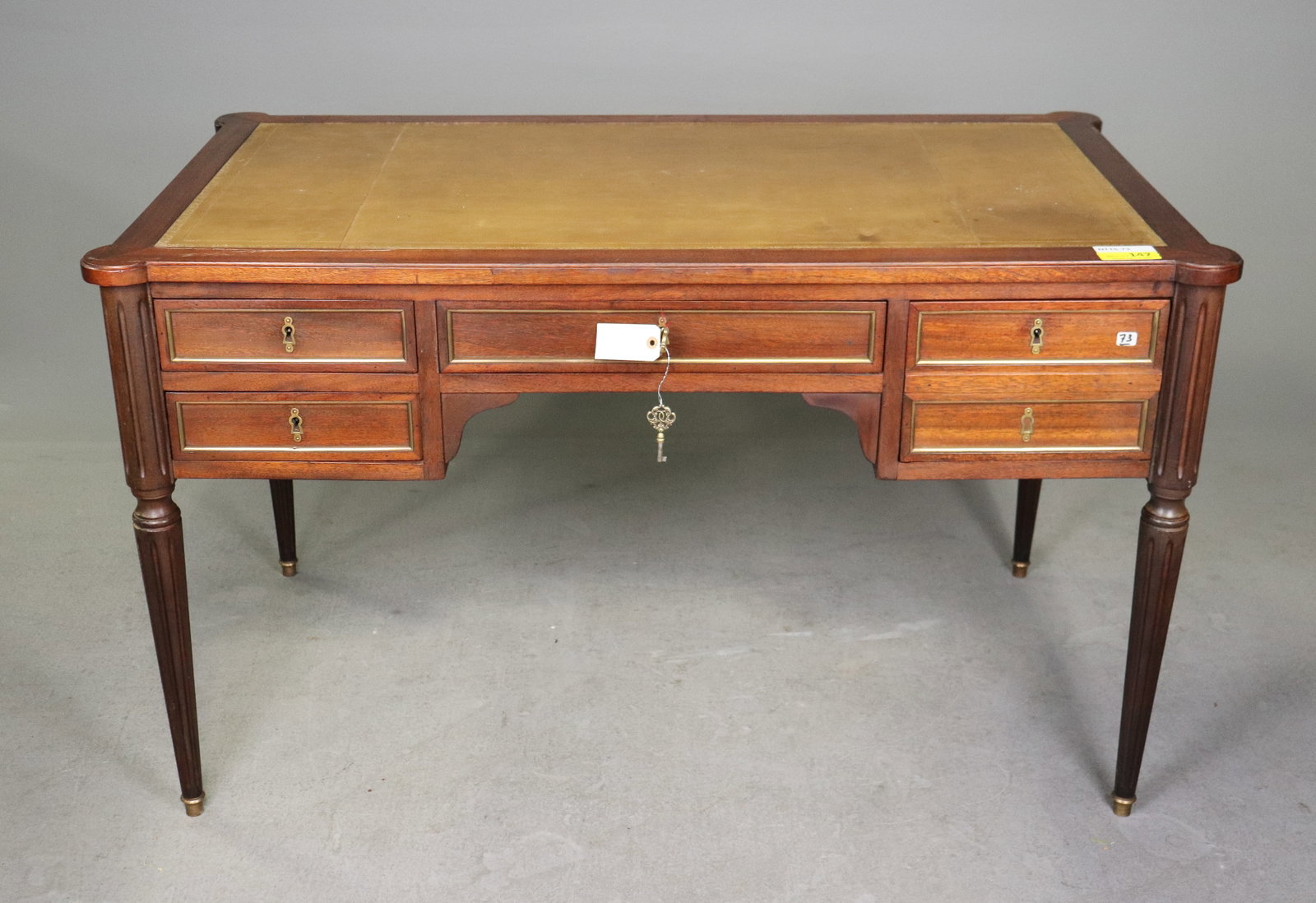 French Louis XVI Style Mahogany Tan Leather Bureau Plat Desk (1 of 6)