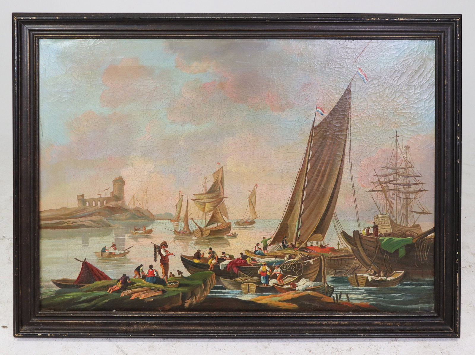 19th C. Dutch Harbor Marine Oil on Canvas Painting: 19th century European oil on canvas depicting a bustling Dutch harbor scene with sailing vessels, fishermen and figures along the waterfront. Several vessels fly the Dutch tricolor, with a coastal for