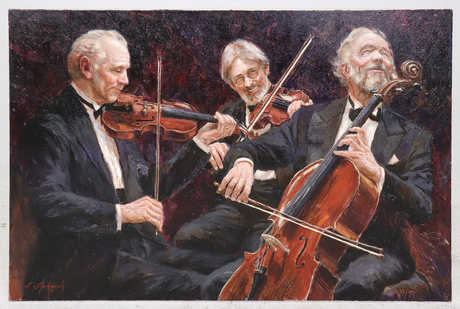 N. Milkovich Signed Oil Painting of String Musicians: Signed oil on canvas by N. Milkovich depicting three formally dressed string musicians performing with violins and cello. Richly painted figural composition with expressive portraiture and warm tones.