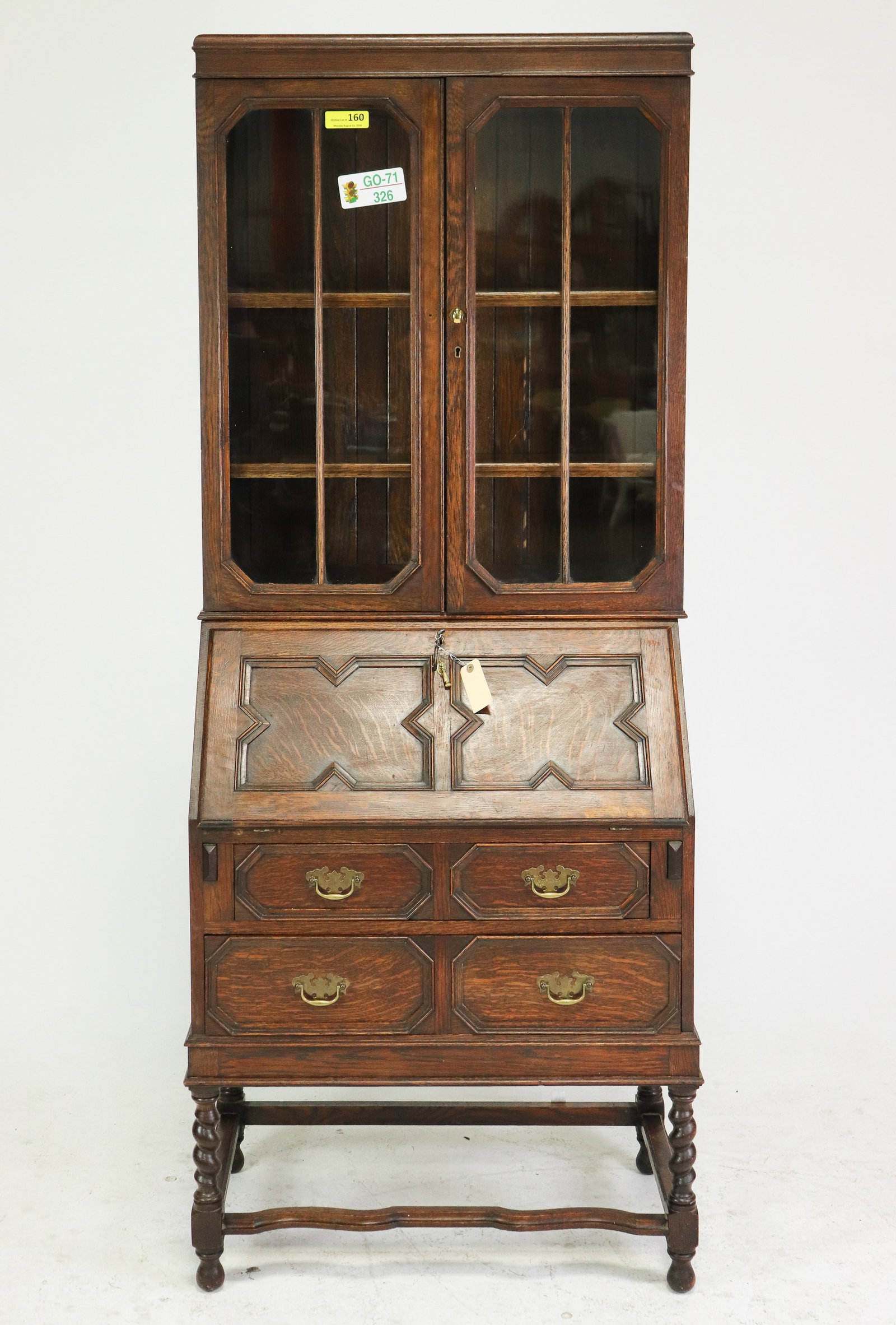 English Oak Leaded Glass Bureau Bookcase (1 of 7)