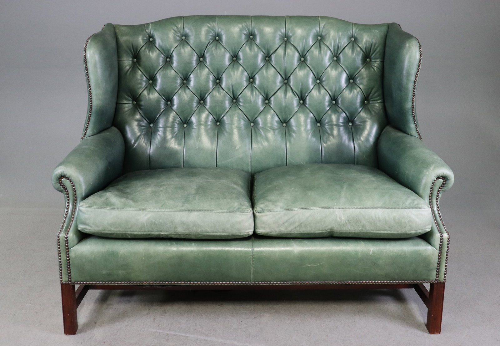 Vintage British Style Green Leather Chesterfield Wingback Loveseat (1 of 6)