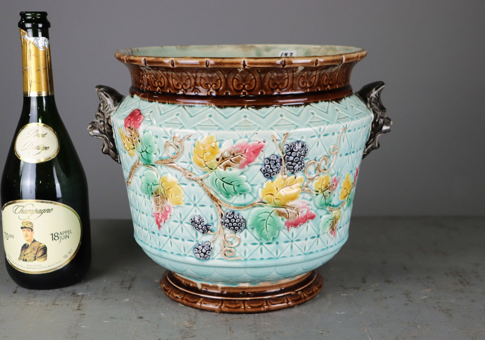 Majolica Style Floral Jardiniere with Mask Handles (1 of 6)