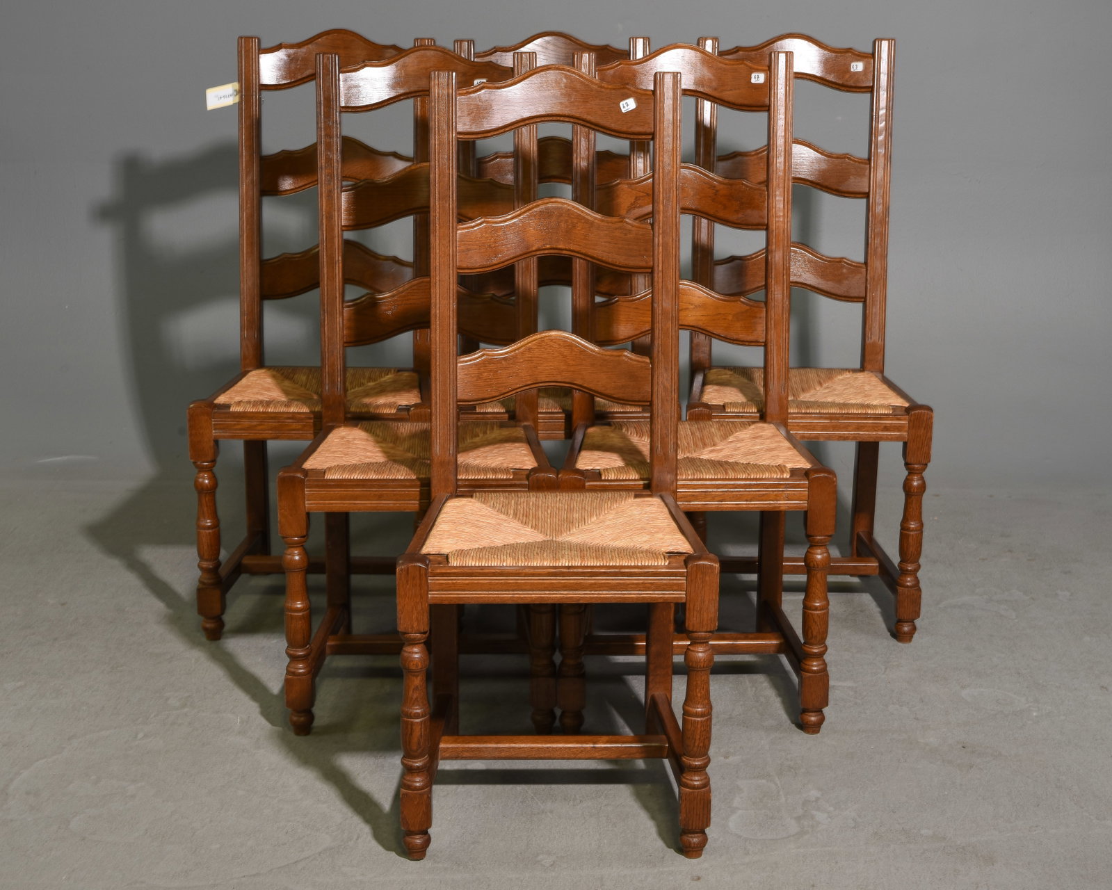 French Set of 6 Oak Ladder Back Rush Seat Chairs: French Set of 6 Oak Ladder Back Rush Seat Chairs - 42.5 in tall x 15.25 x 16.5 each with a seat height of 17.25 inches
