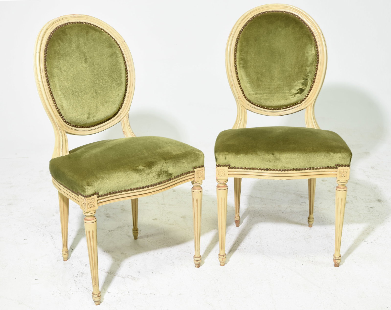 Louis XVI Style Pair of Balloon Back Chairs: French Louis XVI Style Pair of Painted Balloon Back Chairs - 36.5 in tall x 19 x 15.5 each with a seat height of 19 inches