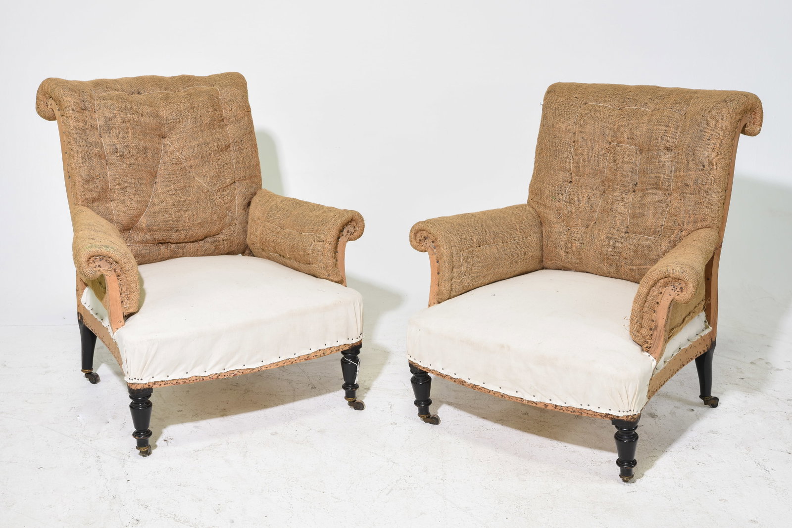 Napoleon III Style Pair of Scroll Back Arm Chairs: Napoleon III Style Pair of Scroll Back Arm Chairs - 36 in tall x 32 x 31 each with a seat height of 14 inches - These need to be upholstered