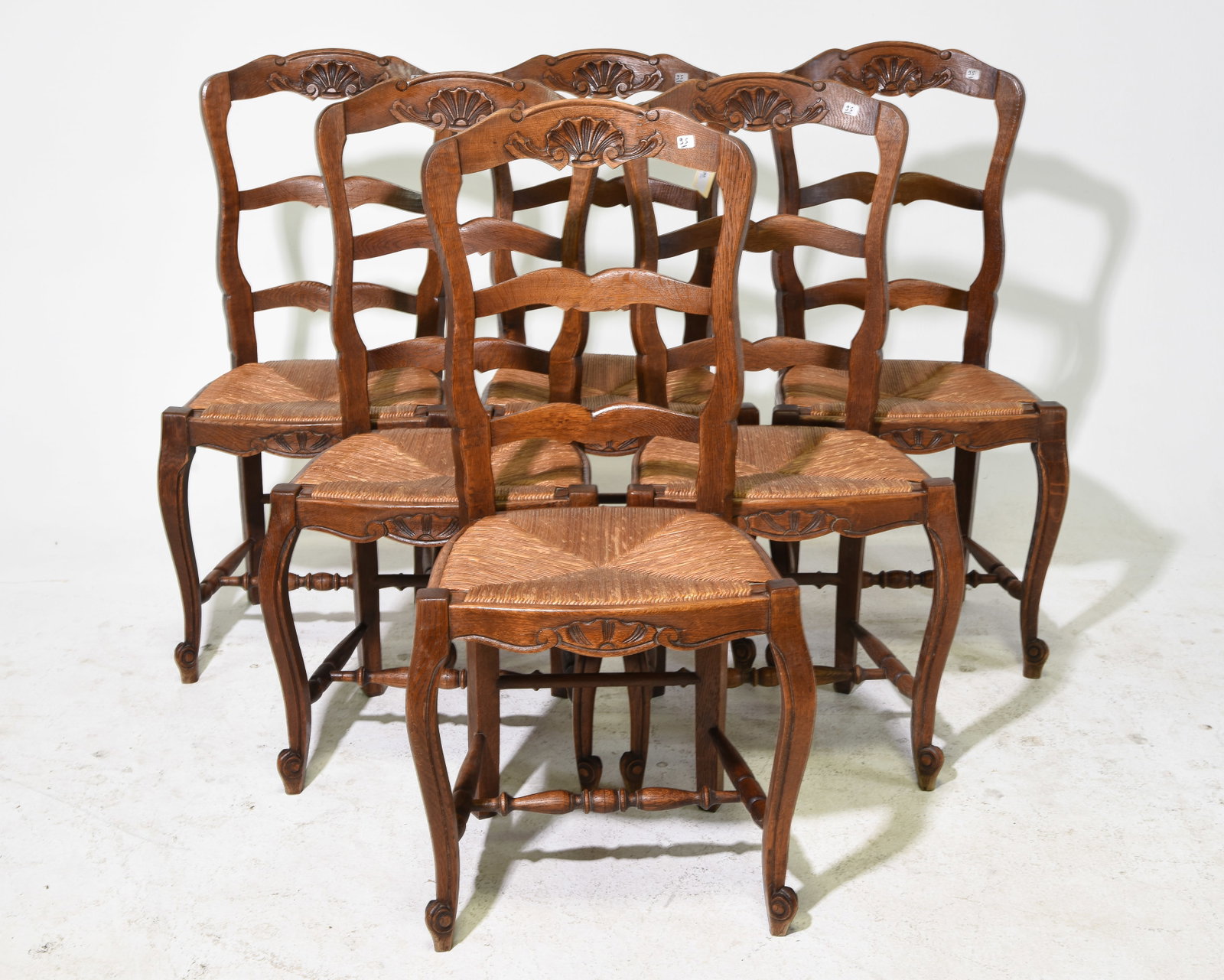 Louis XV Style Set of 6 Oak Rush Seat Chairs: French Louis XV Style Set of 6 Oak Rush Seat Chairs - 38.5 in tall x 19 x 19 each with a seat height 18 inches