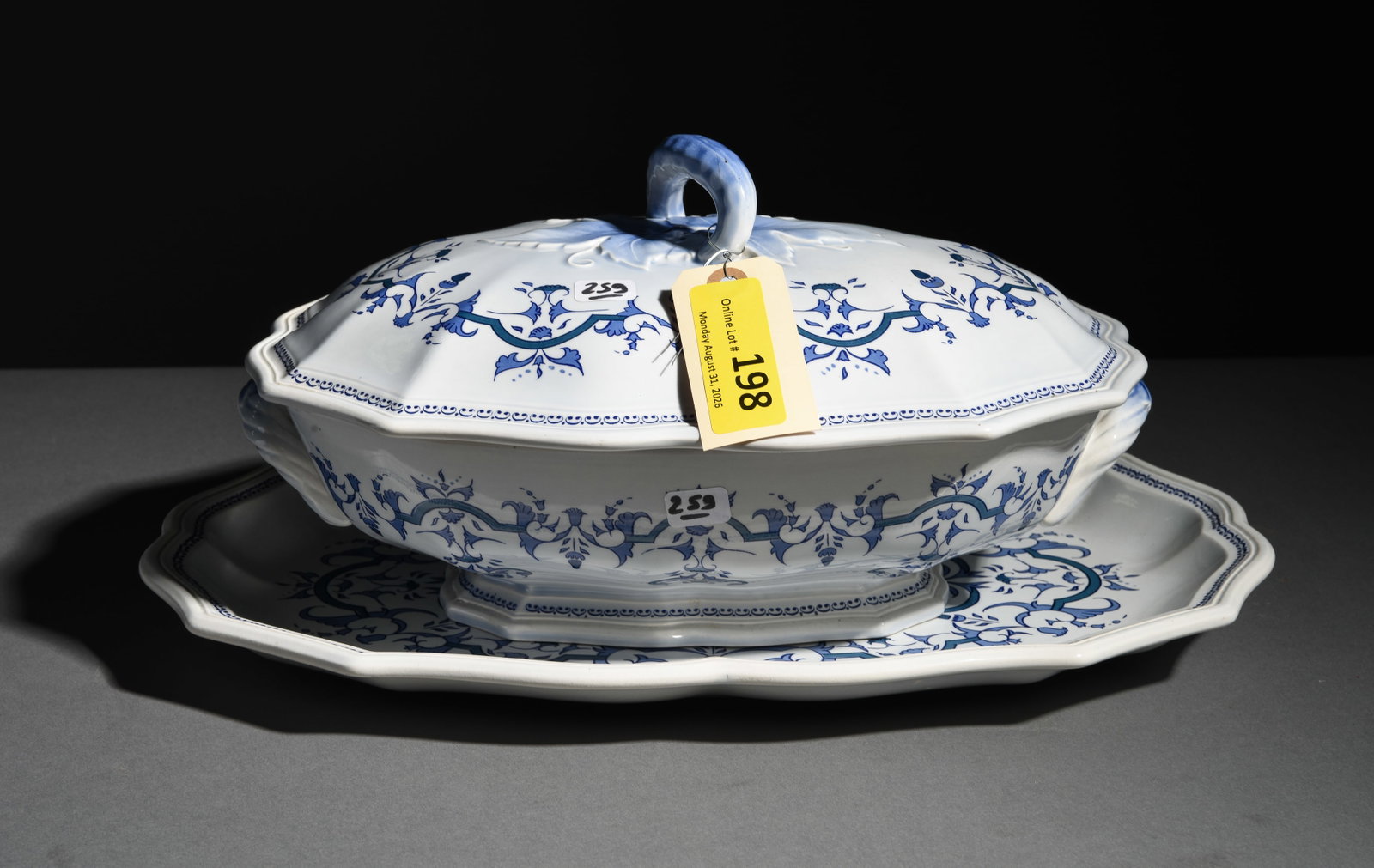 Salins French Blue & White Tureen with Under Plate: Salins French Blue & White Tureen with Under Plate - 7.5 in tall x 14.5 x 10, Plate is 1.5 in tall x 17.5 x 11.25