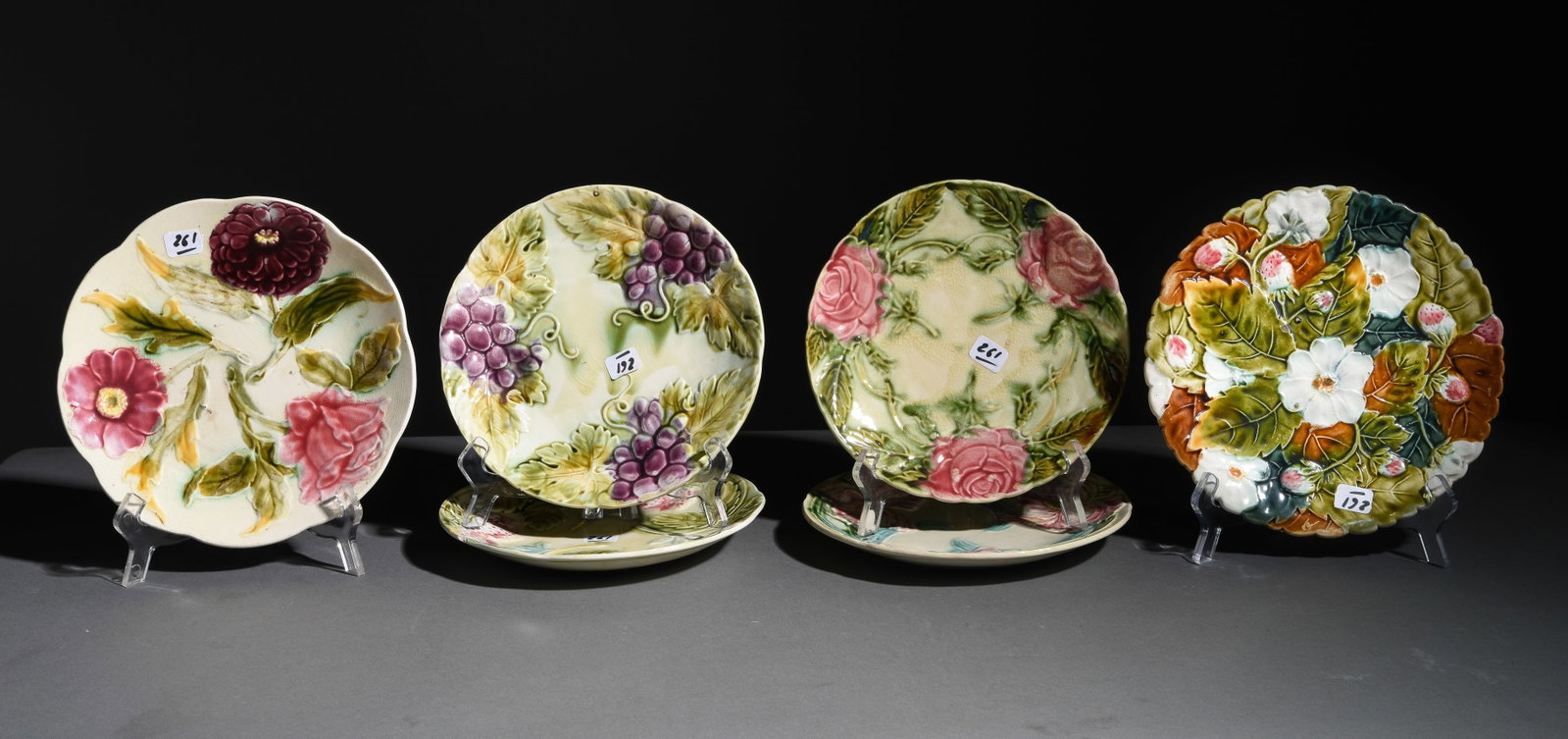 6pcs Assorted Majolica Plates: 6pcs Assorted Majolica Plates - Largest is 1 in tall x 8.25 inch diameter