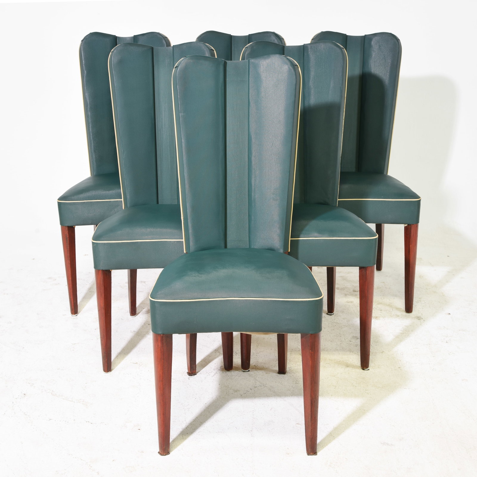 French Art Deco Style / Modernist Set of 6 Chairs: French Art Deco Style / Modernist Set of 6 High Back Green Vinyl Upholstered Chairs - 40 in tall x 17.5 x 22 each with a seat height of 19 inches