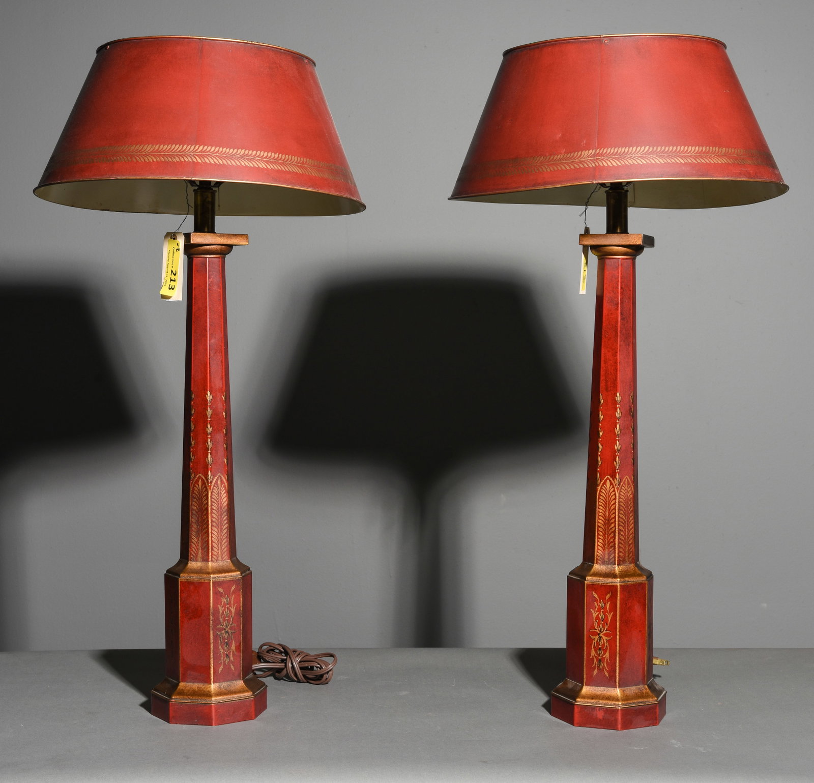 Empire Style American Wired Pair of Tole Lamps: Empire Style American Wired Pair of Tole Lamps featuring hand painted gilt stenciling on a tapered columnar body - 32 in tall x 16 inch diameter each - Measurement includes the shade