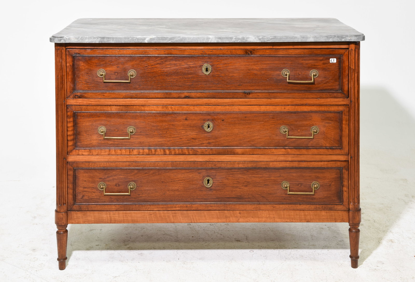 Louis XVI Style Grey Marble Top Chest: French Louis XVI Style Grey Marble Top Three Drawer Chest -