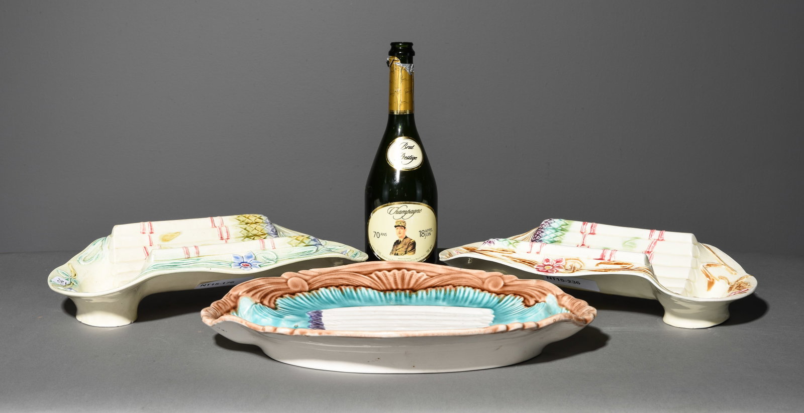 3 French Majolica Asparagus Platters: 3 French Majolica Asparagus Platters - Two are 3.5 in tall x 15 x 9 and the other is 2.5 in tall x 15.75 x 10.5