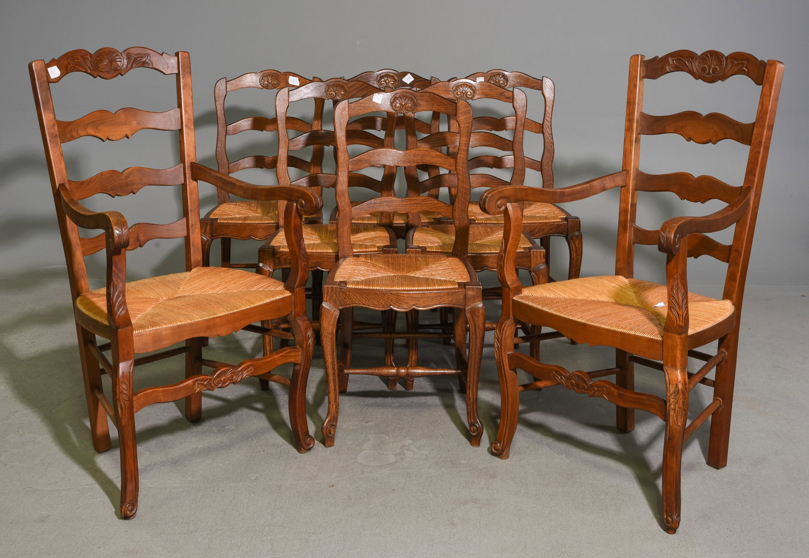 Louis XV Style Set of 8 Oak Rush Seat Chairs (1 of 5)