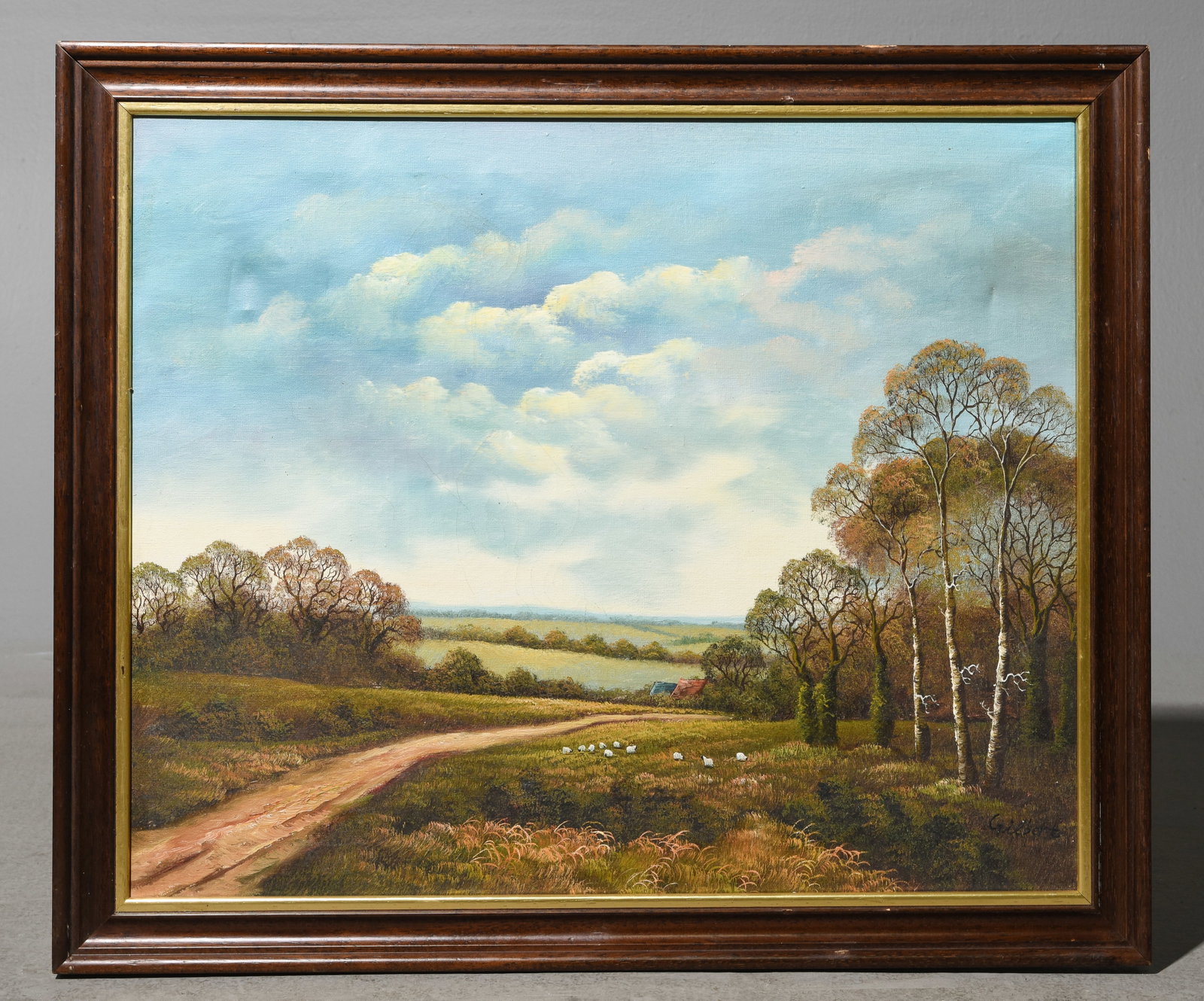 Rural Landscape with Grazing Sheep Oil on Canvas: Framed Rural Landscape with Grazing Sheep Oil on Canvas - 23 in tall x 27.25 x 1, The work itself is 20 x 24
