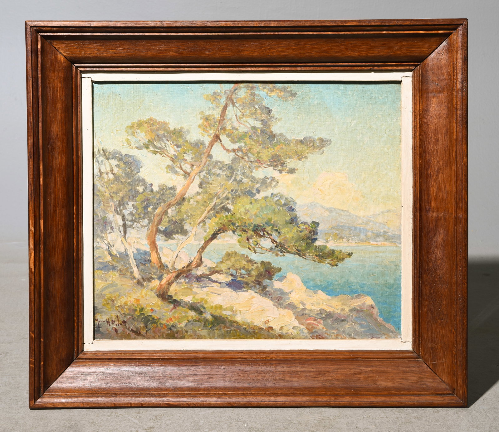 Impressionist Coastal Landscape Oil on Canvas: Oak Framed Impressionist Coastal Landscape featuring a rocky shoreline Oil on Canvas - 25.5 in tall x 29.25 x 4.25, The work itself is 18 x 21