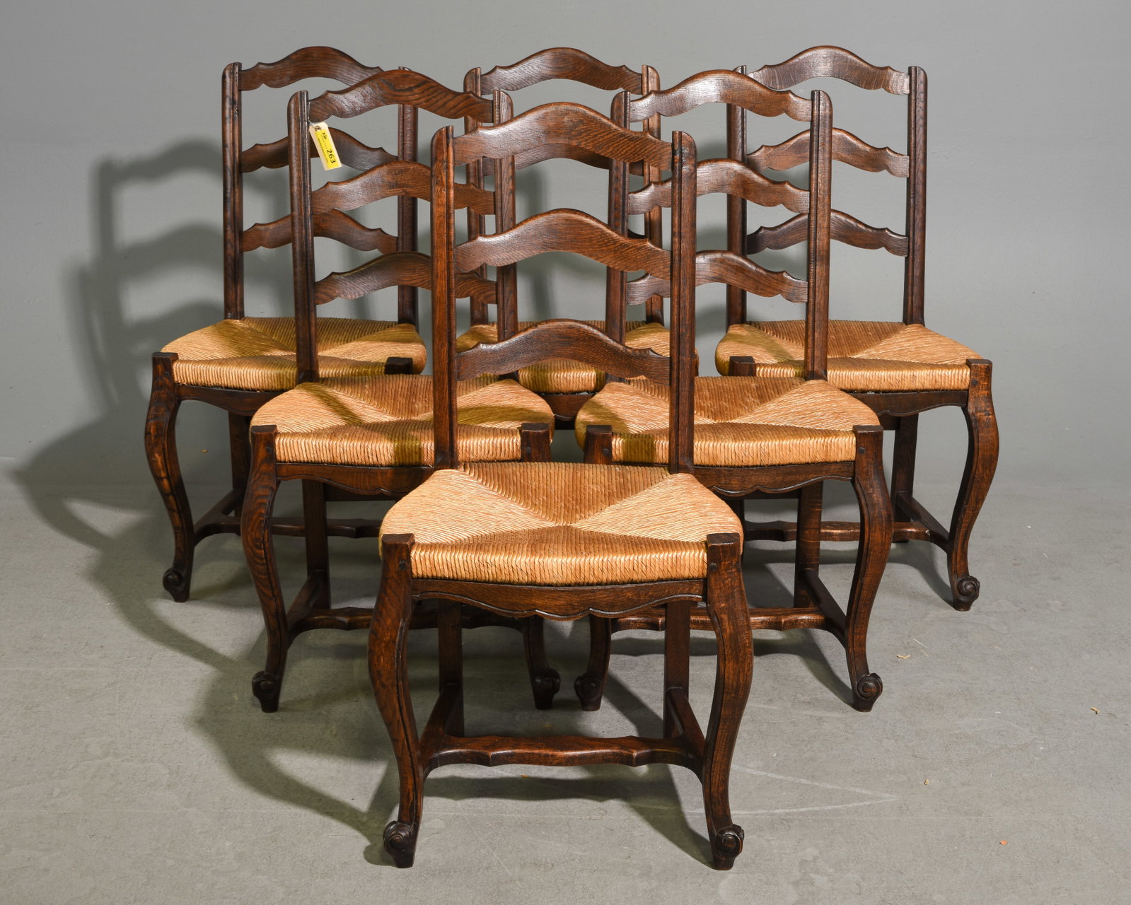 Louis XV Style Set of 6 Oak Rush Seat Chairs: French Louis XV Style Set of 6 Oak Rush Seat Chairs - 38.75 in tall x 19 x 17 each with a seat height of 18 inches