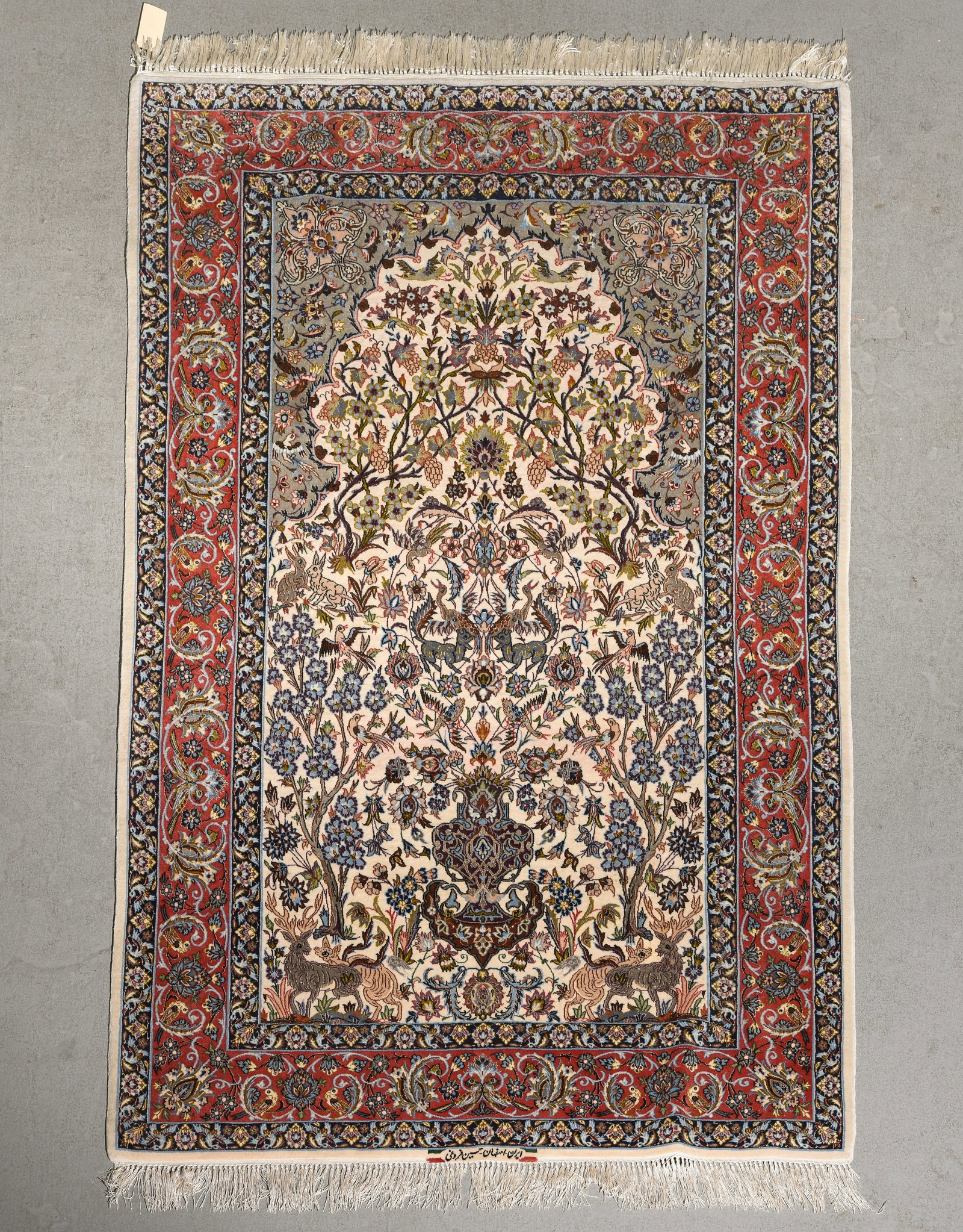 Persian Hand Knotted Isfahan Style Pictorial Rug #1: Persian Hand Knotted Isfahan Style "Tree of Life" Pictorial Rug featuring a rose-red border - 4'2 x 6'5