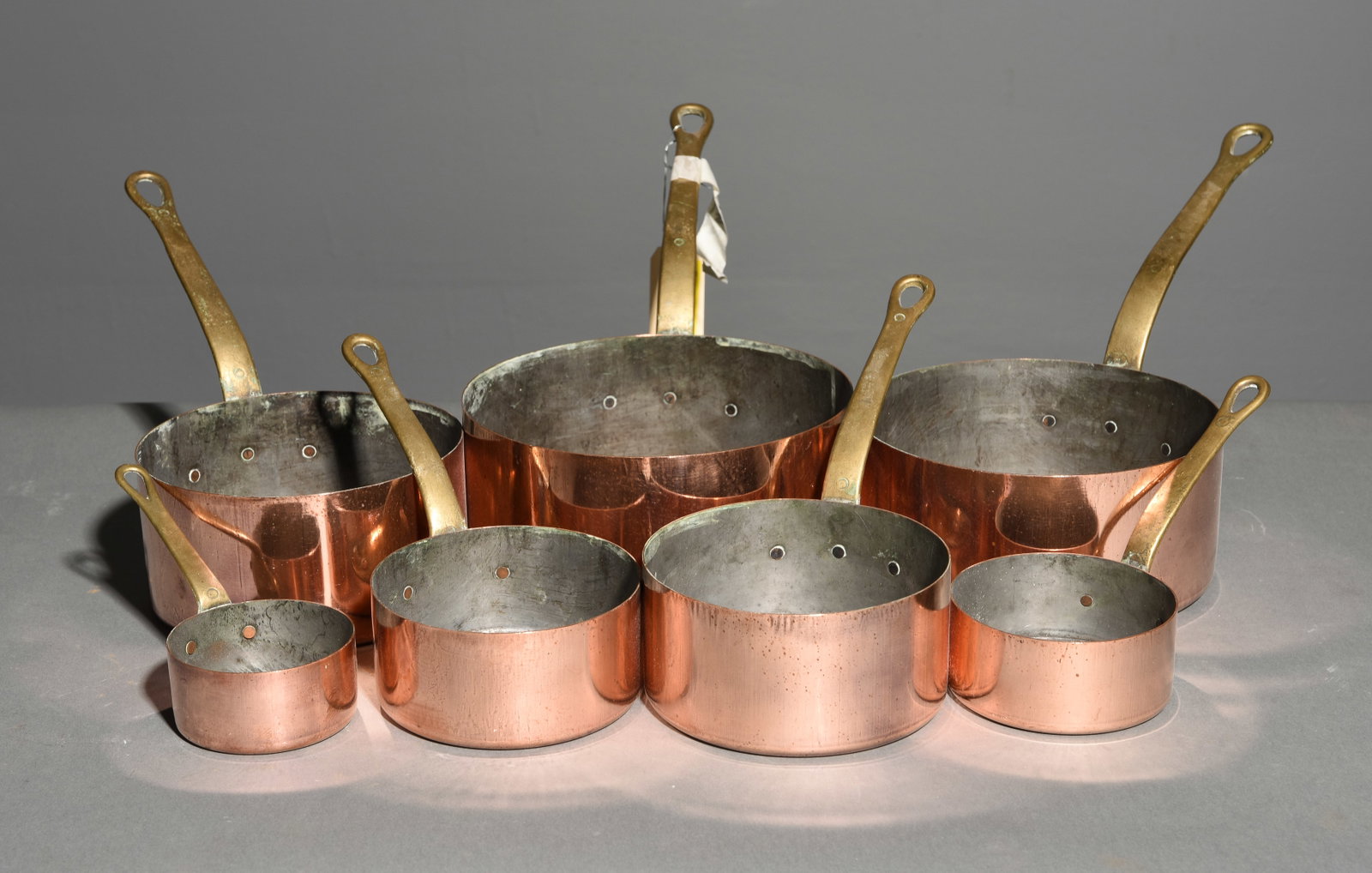 French Polished Copper Set of 7 Sauce Pans #3: French Polished Copper Set of 7 Sauce Pans with Brass Handles - Largest is 7.5 in tall x 15.25 x 8
