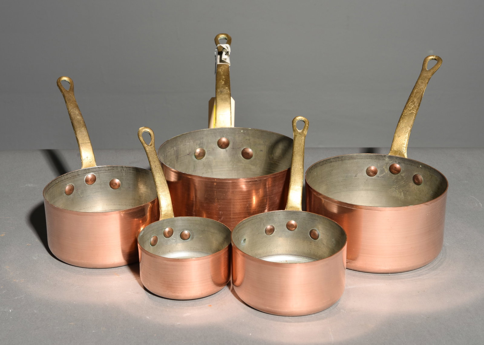 French Polished Copper Set of 5 Sauce Pans #2: French Polished Copper Set of 5 Sauce Pans - Largest is 7.5 in tall x 14.5 x 7.25