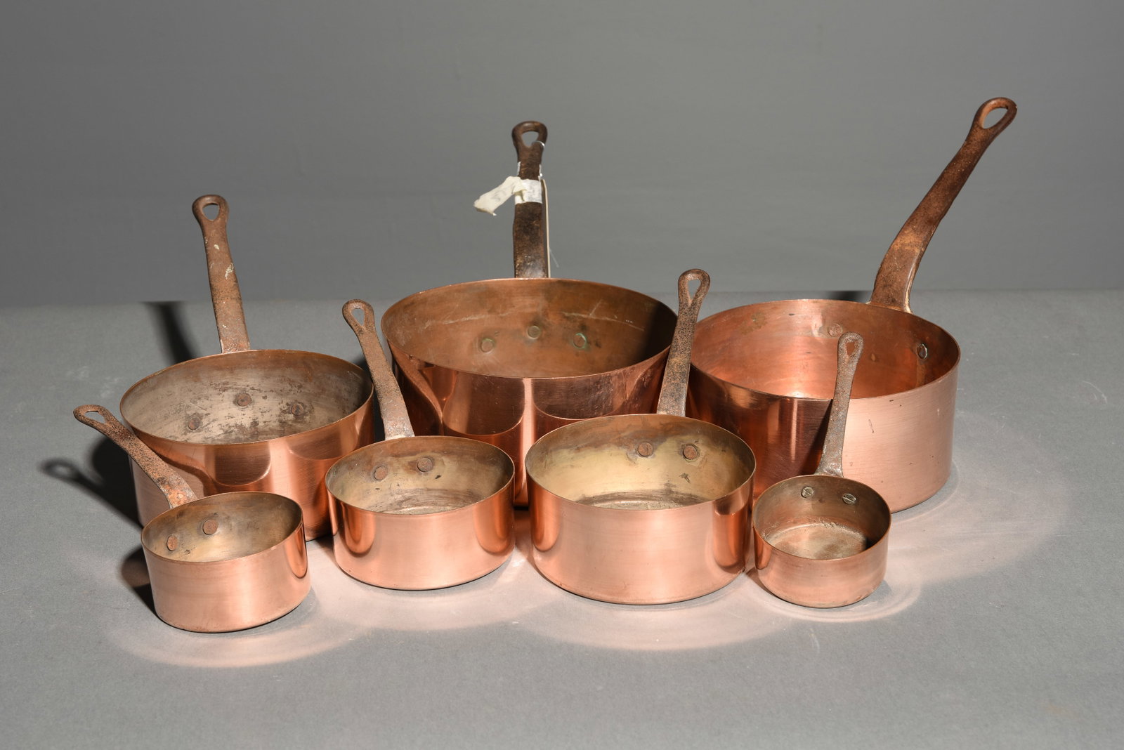 French Polished Copper Set of 7 Sauce Pans #4: French Polished Copper Set of 7 Sauce Pans - Largest is 7 in tall x 14 x 7