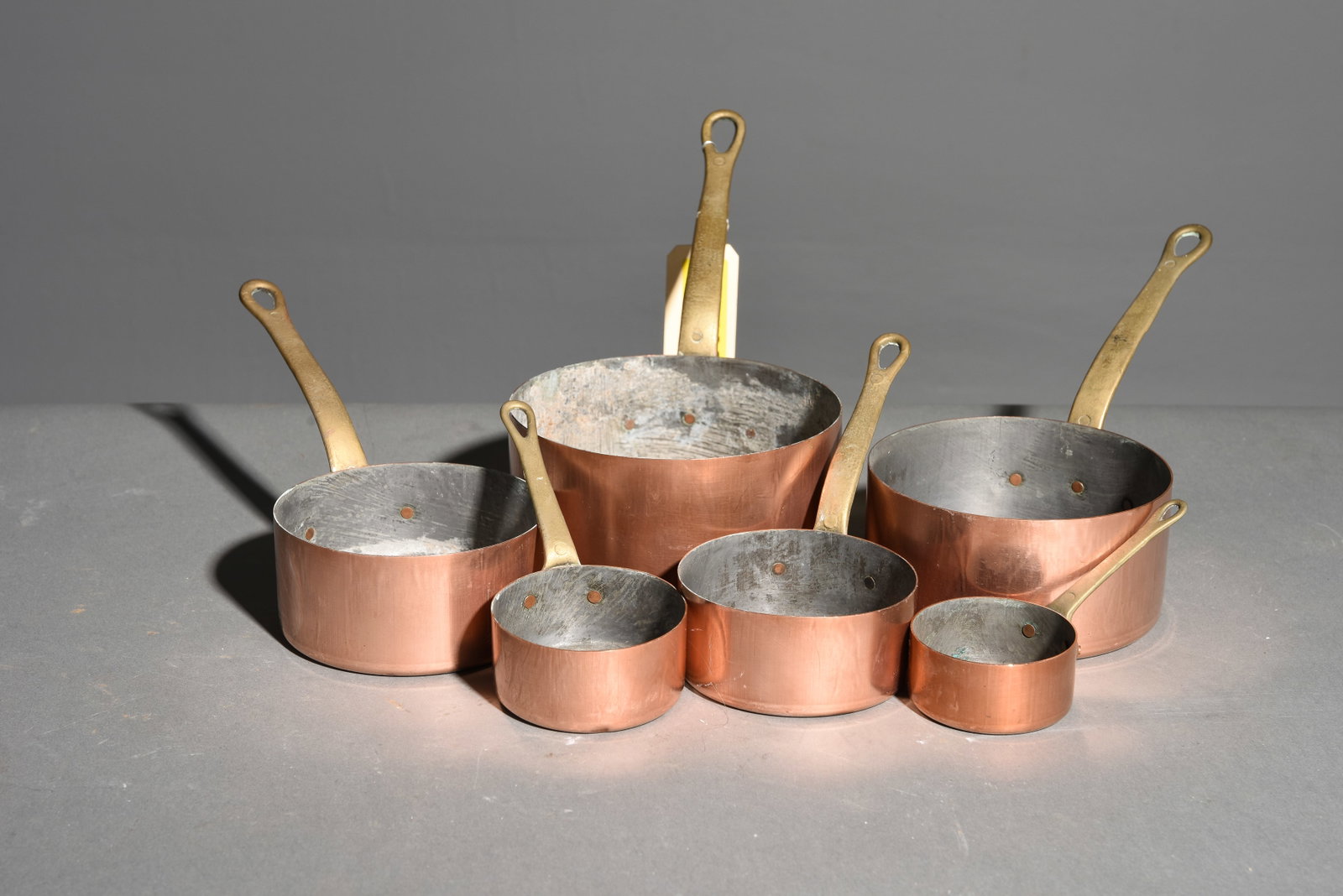 French Polished Copper Set of 6 Sauce Pans: French Polished Copper Set of 6 Sauce Pans - Largest is 7.5 in tall x 12.5 x 6.5