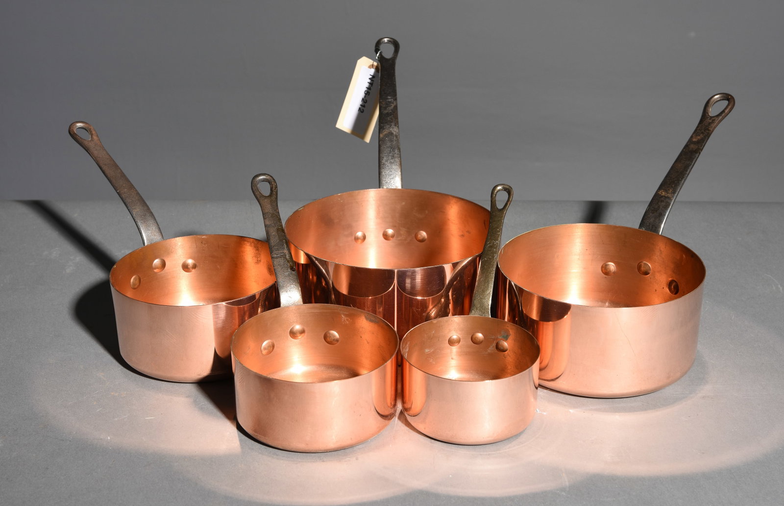 French Polished Copper Set of 5 Sauce Pans #6: French Polished Copper Set of 5 Sauce Pans - Largest is 7.5 in tall x 14.25 x 7.25