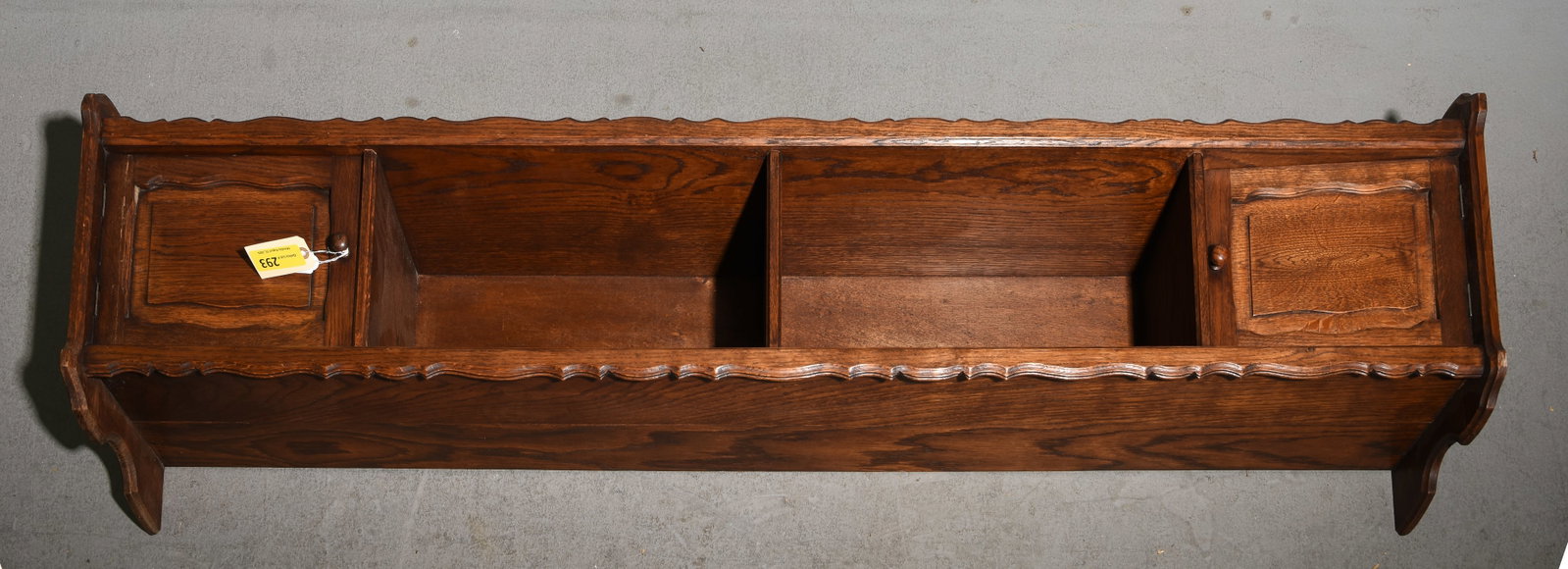 French Large Oak Wall Shelf with Niche Center: French Large Oak Wall Shelf with Niche Center - 19 in tall x 72 x 9
