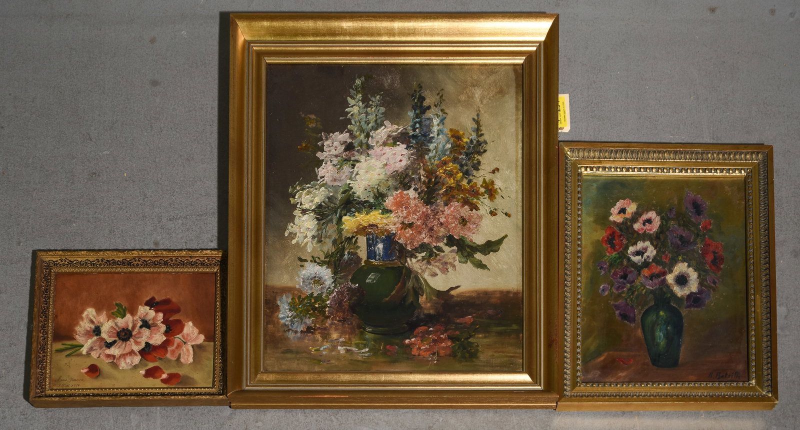 3 Gold Framed Floral Still Life on Canvas: 3 Gold Framed Floral Still Life on Canvas - 30.5 in tall x 26.25 x 2 and 21.25 in tall x 17.25 x 1