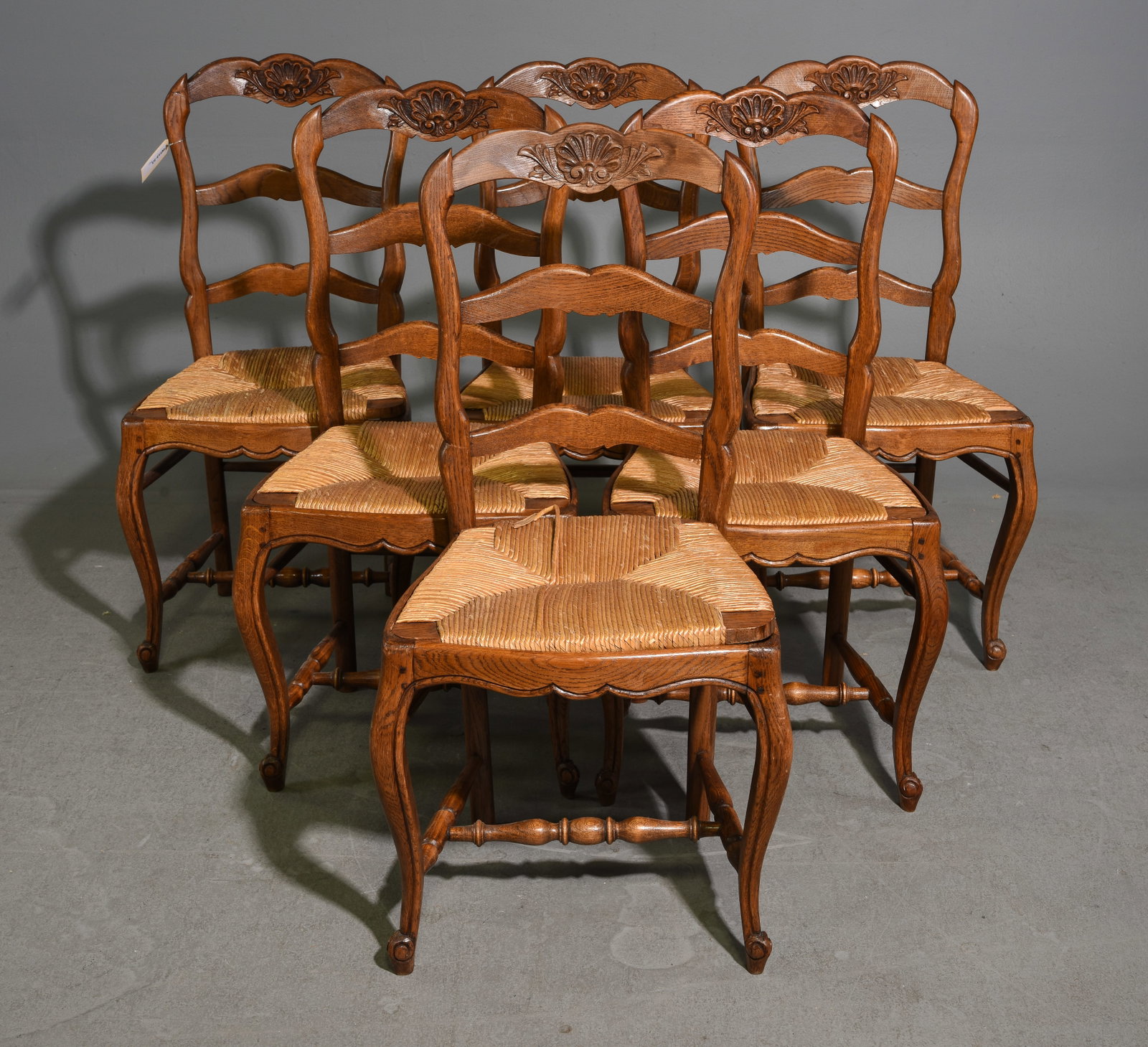 Louis XV Style Set of 6 Oak Rush Seat Chairs: French Louis XV Style Set of 6 Oak Rush Seat Chairs - 38.25 in tall x 18 x 16 each with a seat height of 18 inches