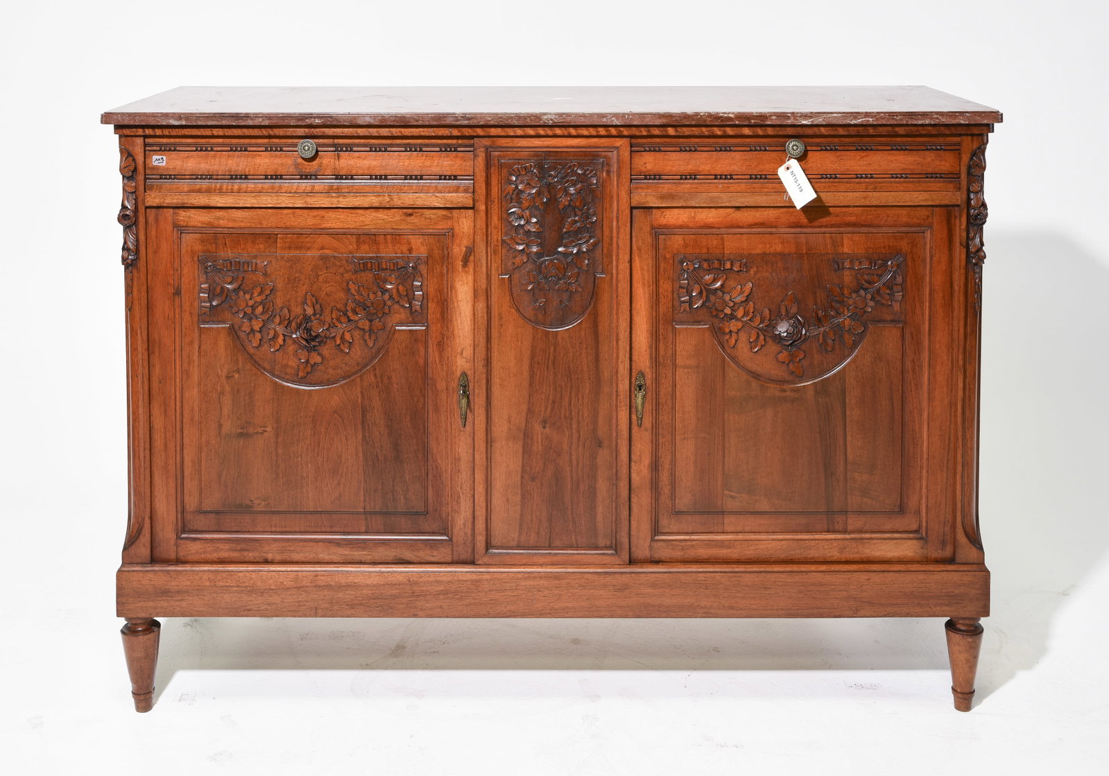 Louis XVI Style Rouge Marble Top Sideboard: French Louis XVI Style Rouge Marble Top Sideboard / Buffet - 41.25 in tall x 59.25 x 19.75