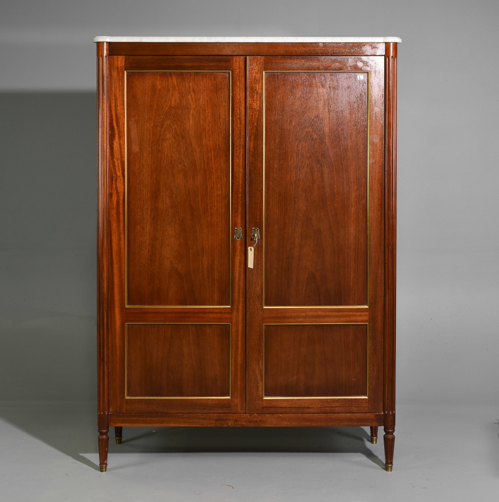 Louis XVI Style White Marble Top Cabinet: French Louis XVI Style White Marble Top Mahogany Cabinet - 66 in tall x 45.75 x 15