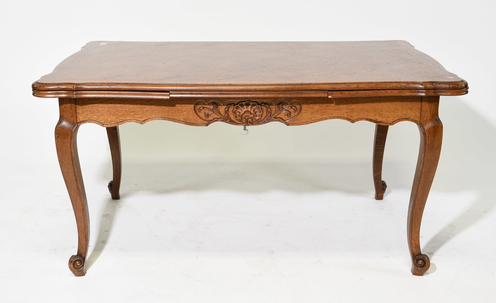 Louis XV Style Oak Draw Leaf Table: French Louis XV Style Oak Draw Leaf Table - 30 in tall x 59.5 x 39.25, Leaves add an additional 18.5 inches each, Floor to apron is 23.5 inches and the space between the legs is 48.5 inches