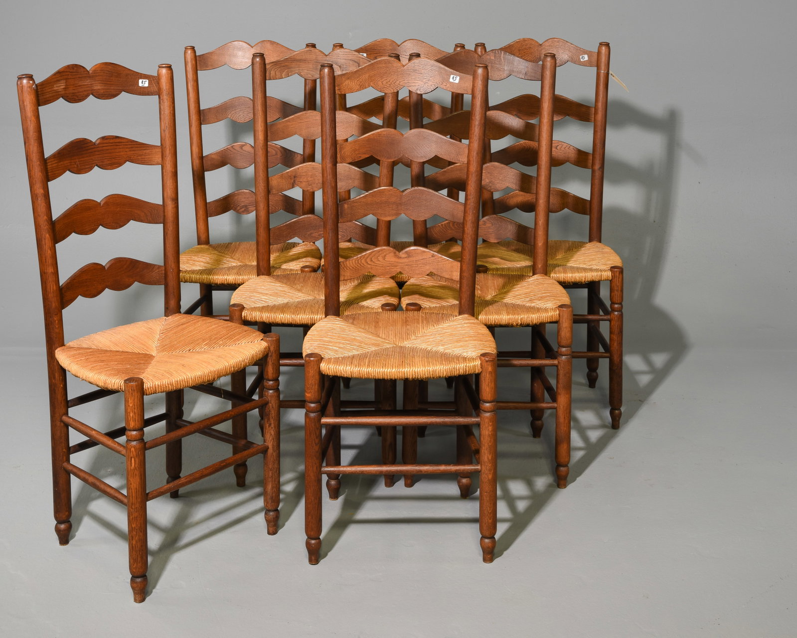 Set of 7 French Oak Rush Seat Dining Chairs: Set of 7 French Oak Rush Seat Dining Chairs - 42 in tall x 15.75 x 12.75 each with a seat height of 17.25 inches