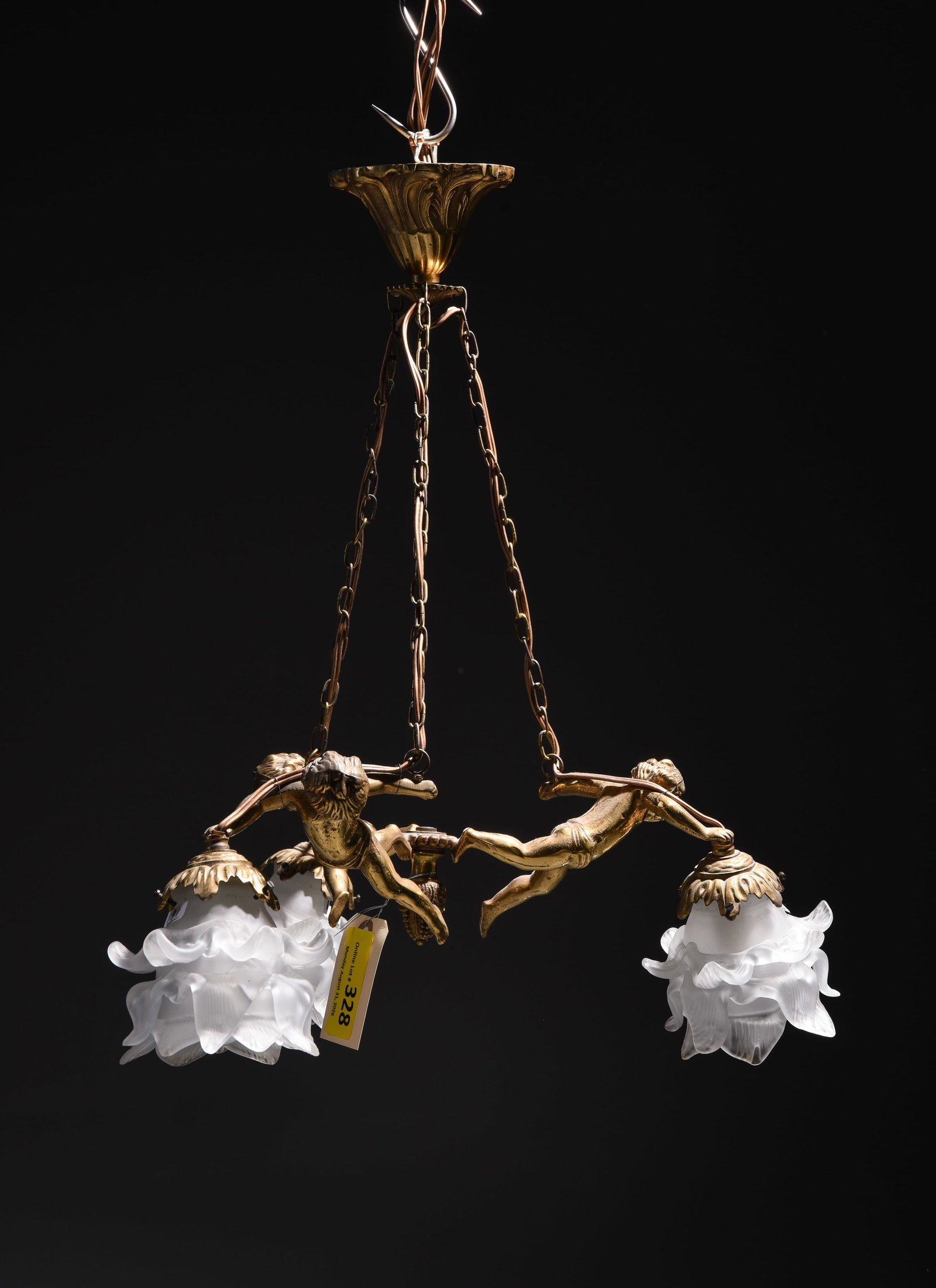 French Gilded Bronze Cherub Chandelier: French Gilded Bronze Cherub Chandelier - 24 in tall x 18 x 18