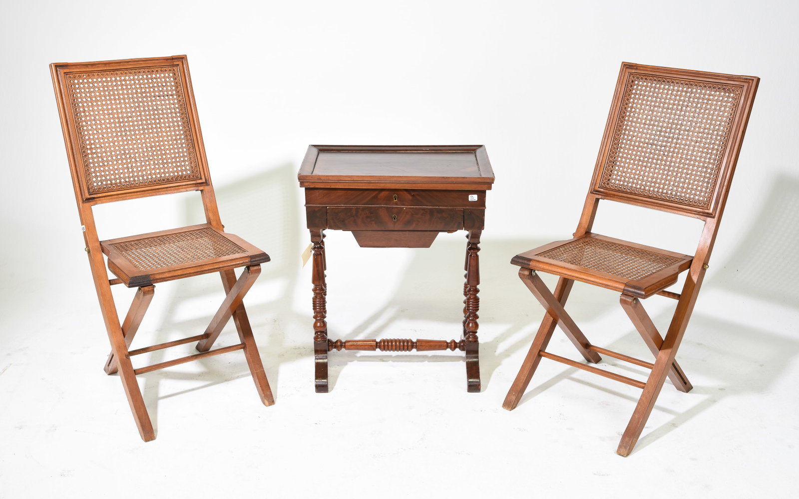 2 French Folding Chairs and Sewing Table: 2 French Folding Chairs and Sewing Table - Chairs are 35 in tall x 15 x 17 each with a seat height of 17.5 inches, Sewing table is 25.5 in tall x 20.25 x 13.5