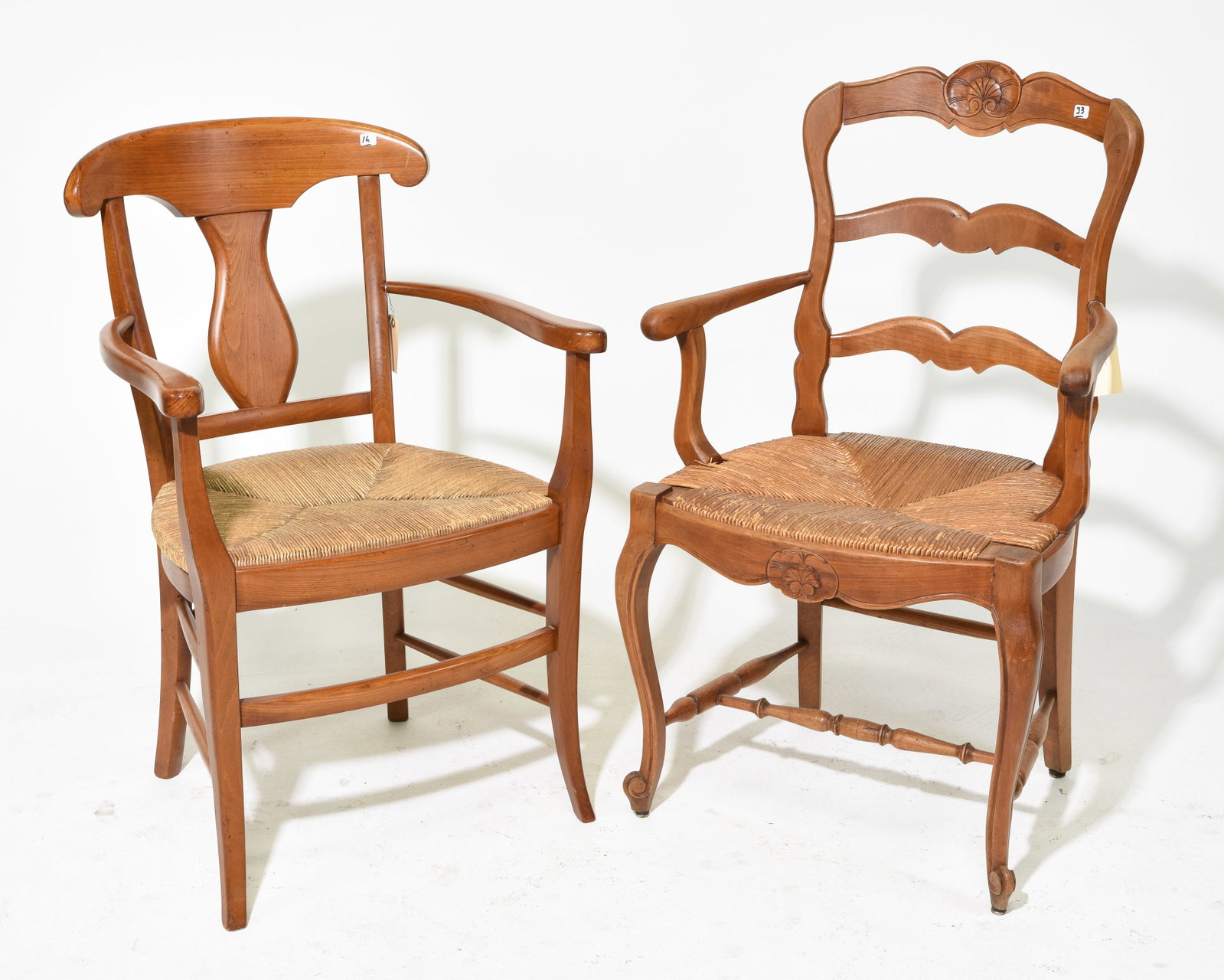 2 Farmhouse Style Rush Seat Arm Chairs: 2 Farmhouse Style Rush Seat Arm Chairs - 39 in tall x 22 x 21, seat height is 18.5 in